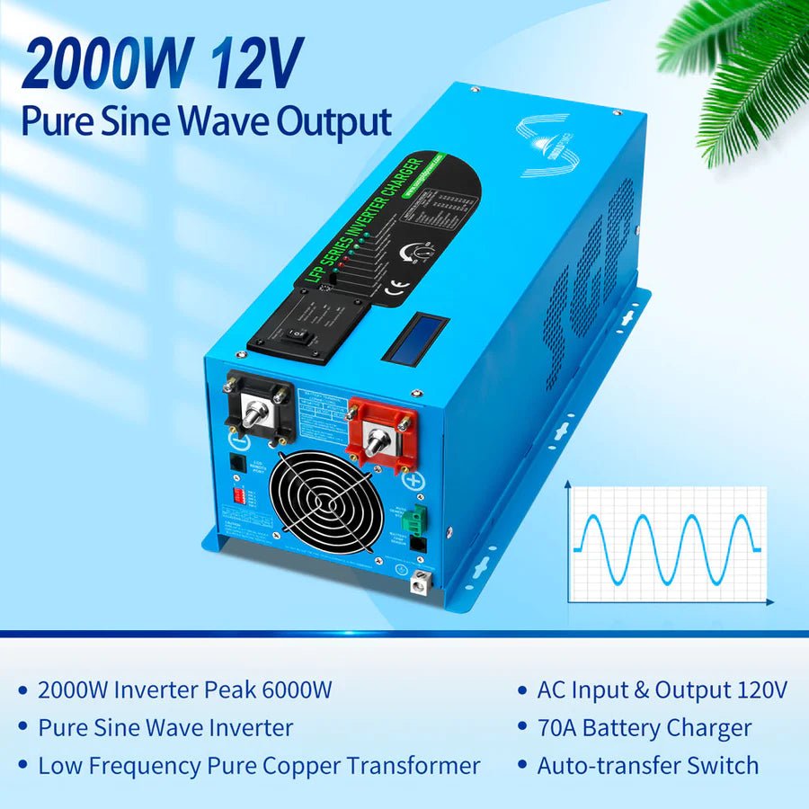 SunGoldPower 2000W 12V Pure Sine Wave Power Inverter with Built-in Charger - Perfect for RVs, Boats, Off-Grid Solar Systems & Emergency Power Backup