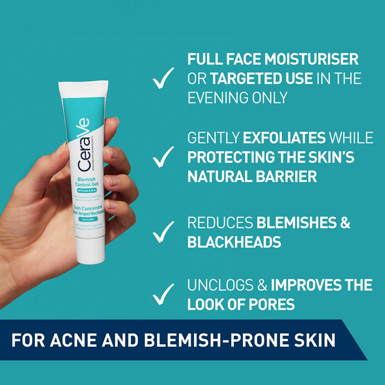 Blemish Control Gel Facial Moisturizer for Acne & Oily Skin - Glycolic Acid & Lactic Acid AHA/BHA Treatment - Daily Hydrating Face Cream for Clear Skin - Perfect for Morning & Night Skincare Routine