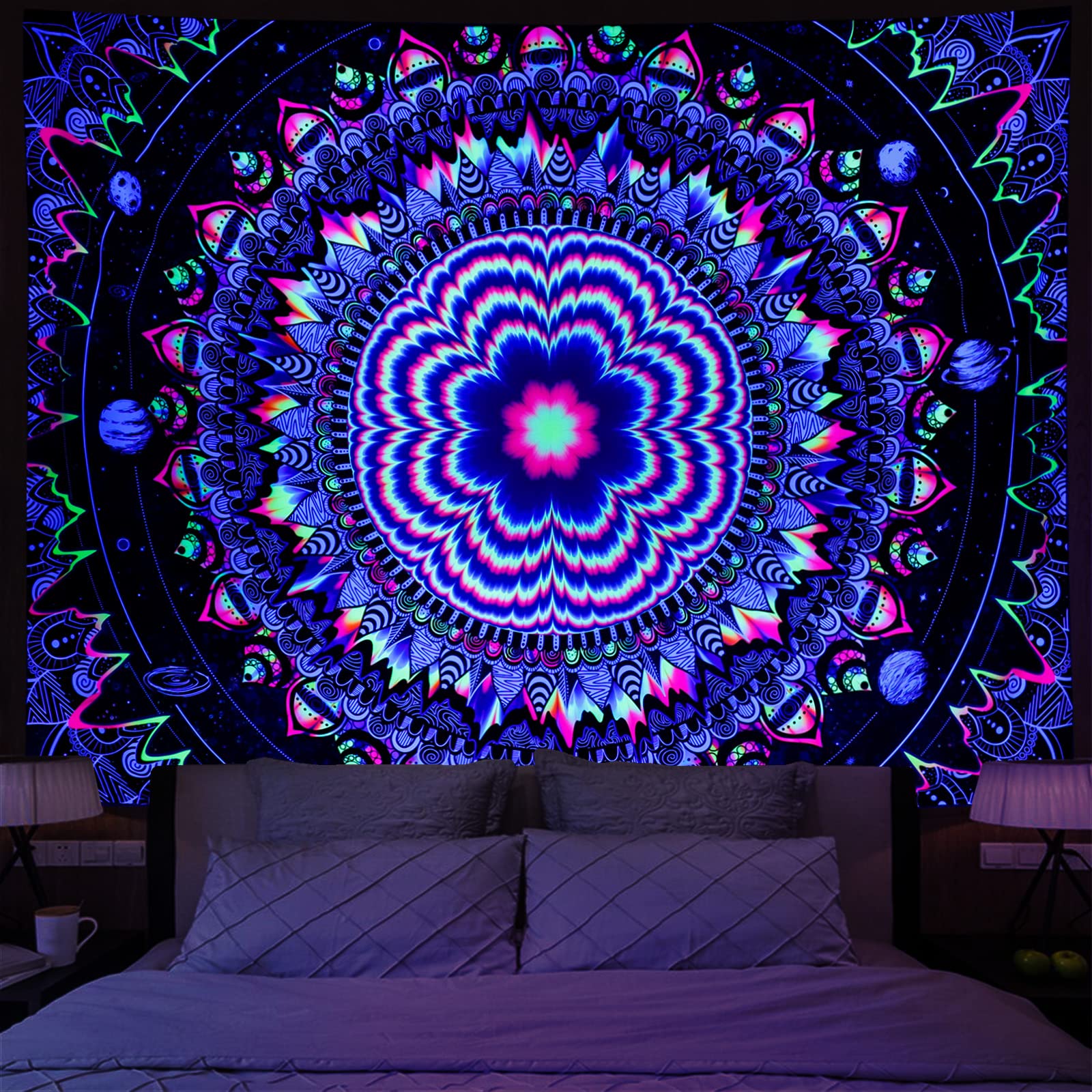 UV Reactive Trippy Mandala Tapestry - Blacklight Galaxy Stars Wall Hanging | Psychedelic Neon Hippie Decor for Bedroom, Living Room & Dorm | Glow in The Dark Party & Meditation Space Decor