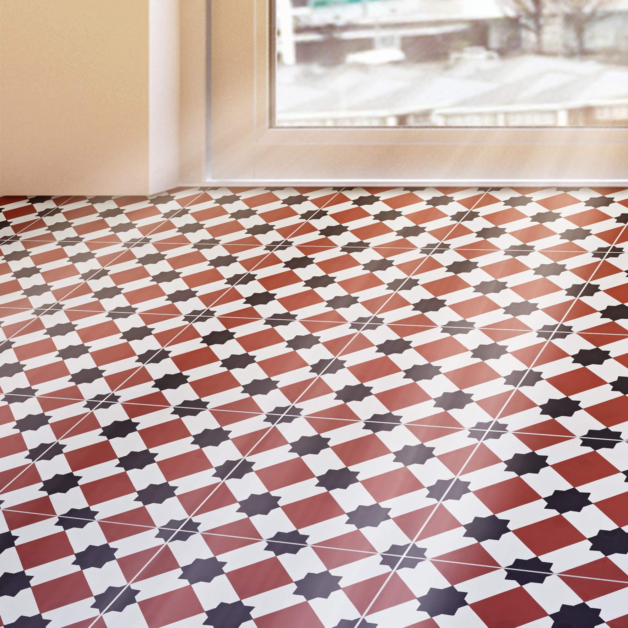 Handmade Moroccan Cement Tiles - AIT BAHA Mosaic & Tile CTP23-01 (Pack of 12) - Red & Black Geometric Pattern for Kitchen Backsplash, Bathroom Floor, or Outdoor Patio Decor