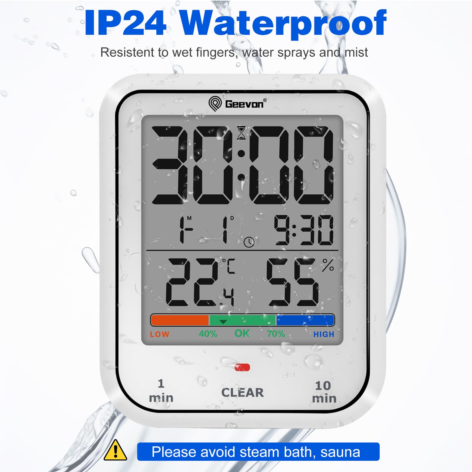 Geevon Digital Bathroom Clock - Waterproof Shower Timer with Large Touch Screen, Battery Operated Wall Clock with Temperature & Humidity Display - Suction Cup/Hanging Hole/Stand (White) - Perfect for Bathroom, Shower, Kitchen, Gym & Home Decor