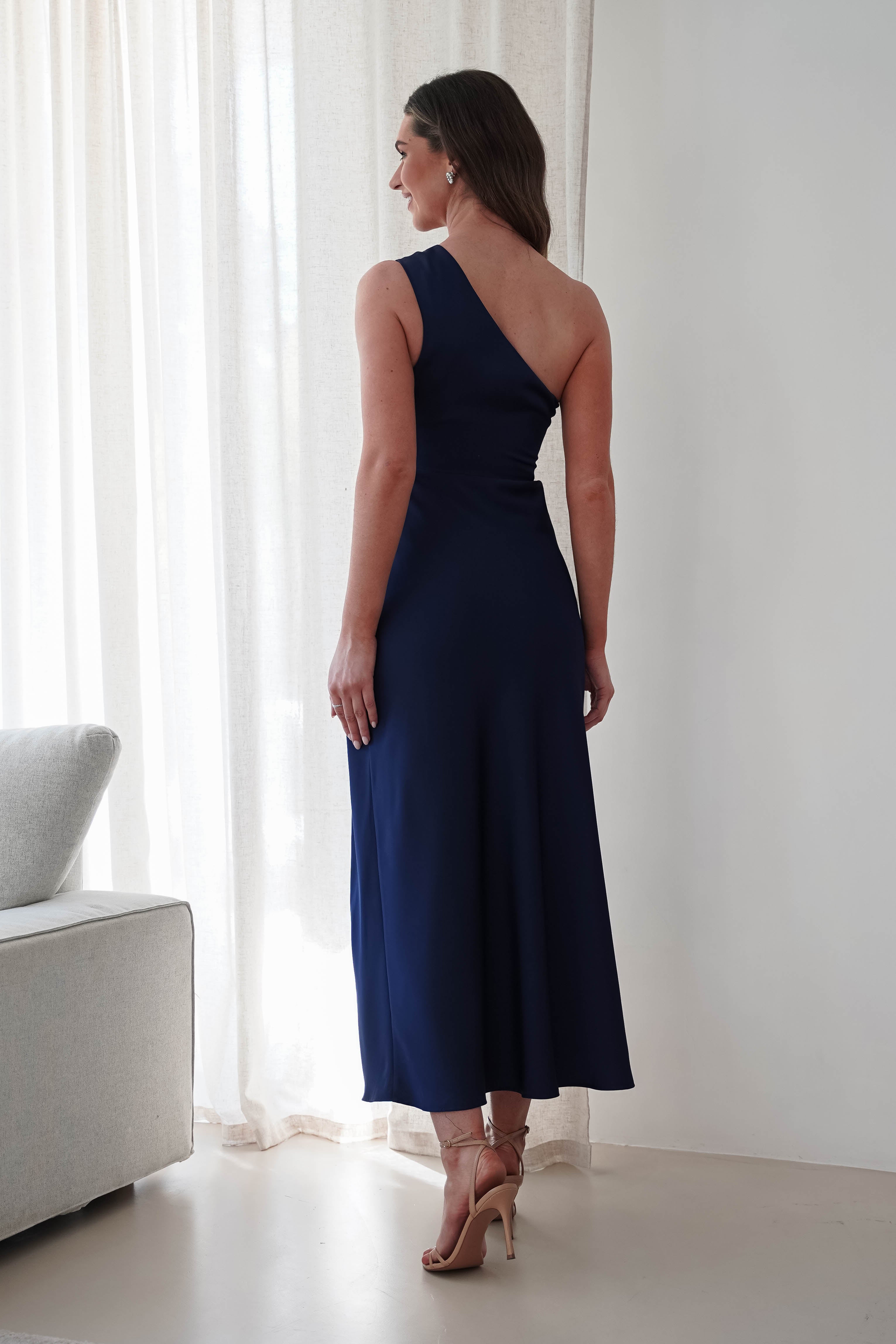 Meera Soft Matte Satin Midaxi Dress for Women - Navy Blue Elegant Formal & Party Wear | Perfect for Weddings, Evening Events & Office Attire