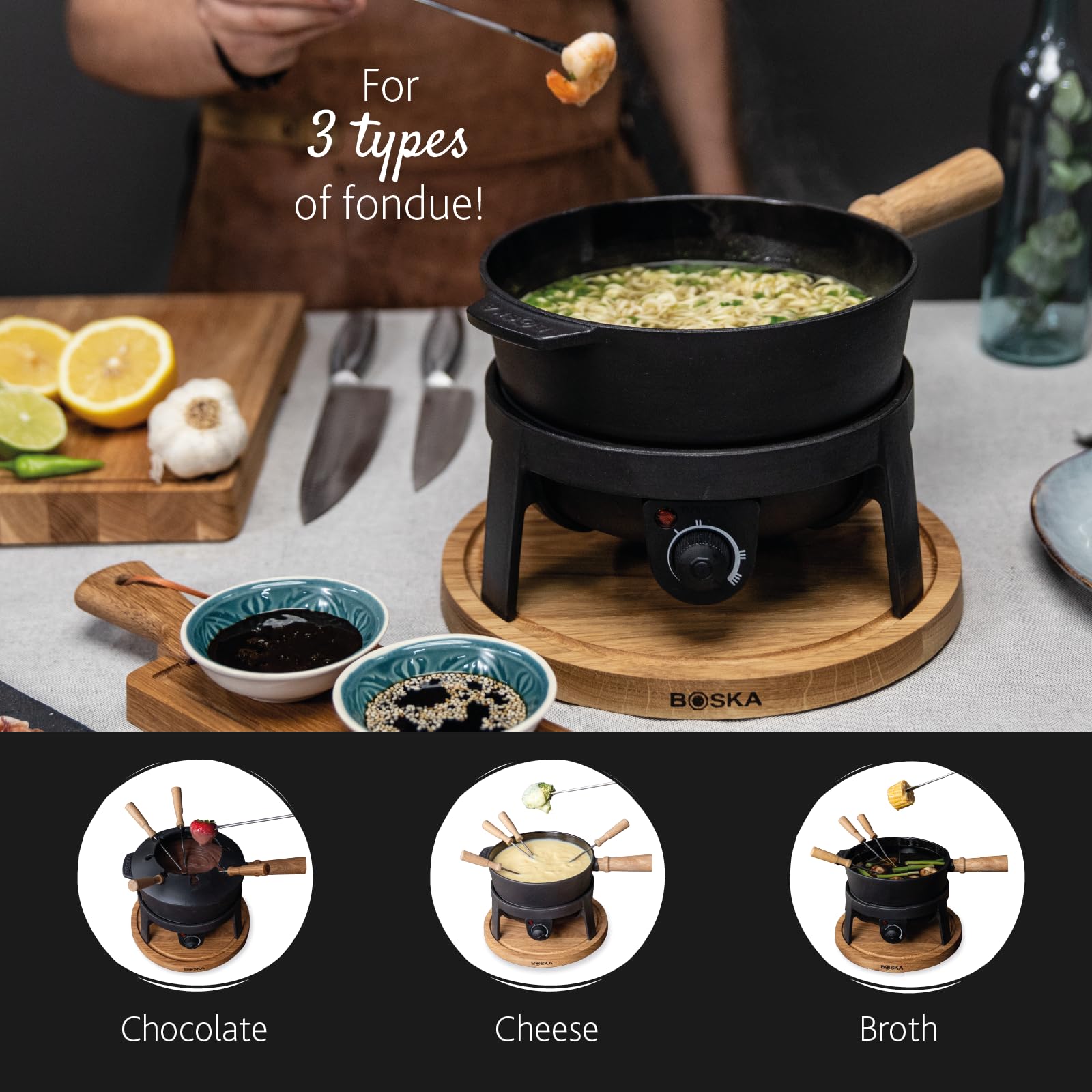 BOSKA Electric Fondue Set Pro - 8-Person Cast Iron Fondue Pot for Cheese, Chocolate & Broth - Premium Quality with Splash Guard & Extra-Long Cord - Perfect for Parties, Family Gatherings & Romantic Dinners (Black)