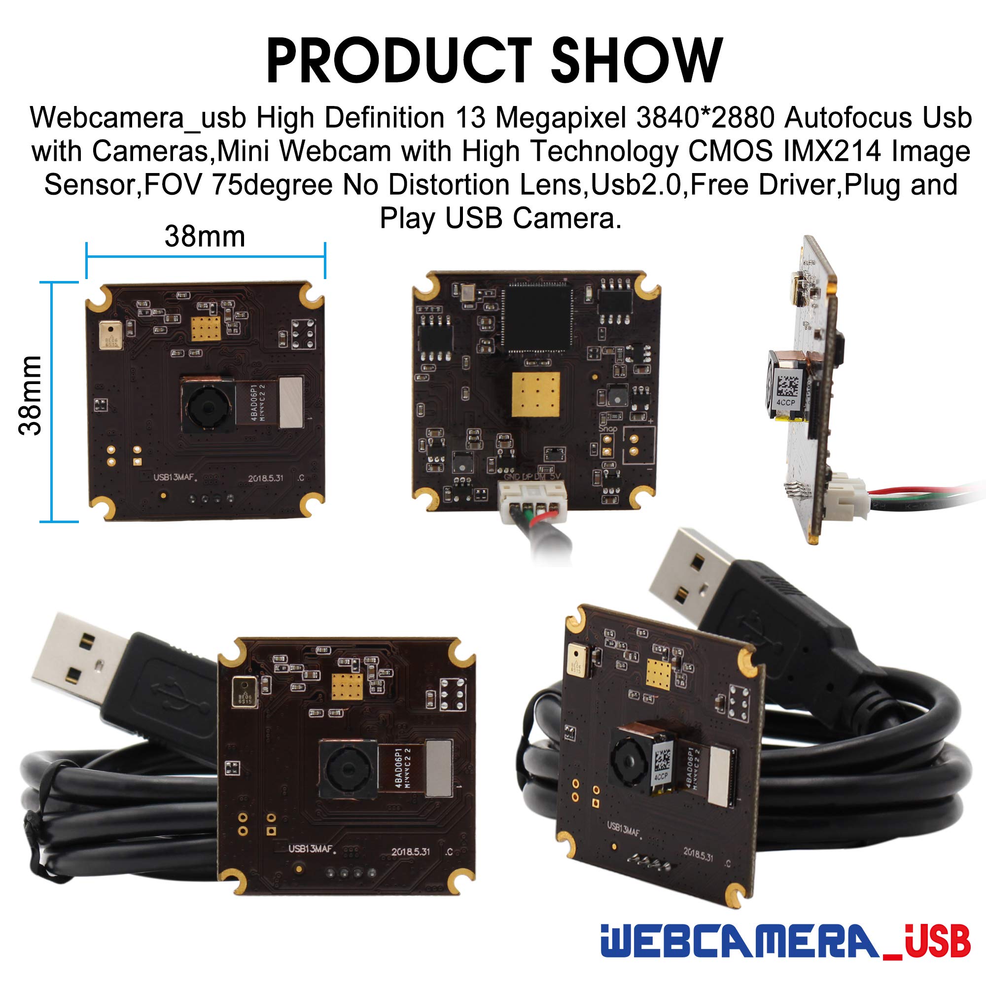 13MP USB Camera Module with Microphone & Autofocus - UVC USB 2.0 Webcam Board for PC/Laptop, Jetson Nano - Industrial Embedded IMX214 Sensor for Video Conferencing, Live Streaming & Lightburn Applications