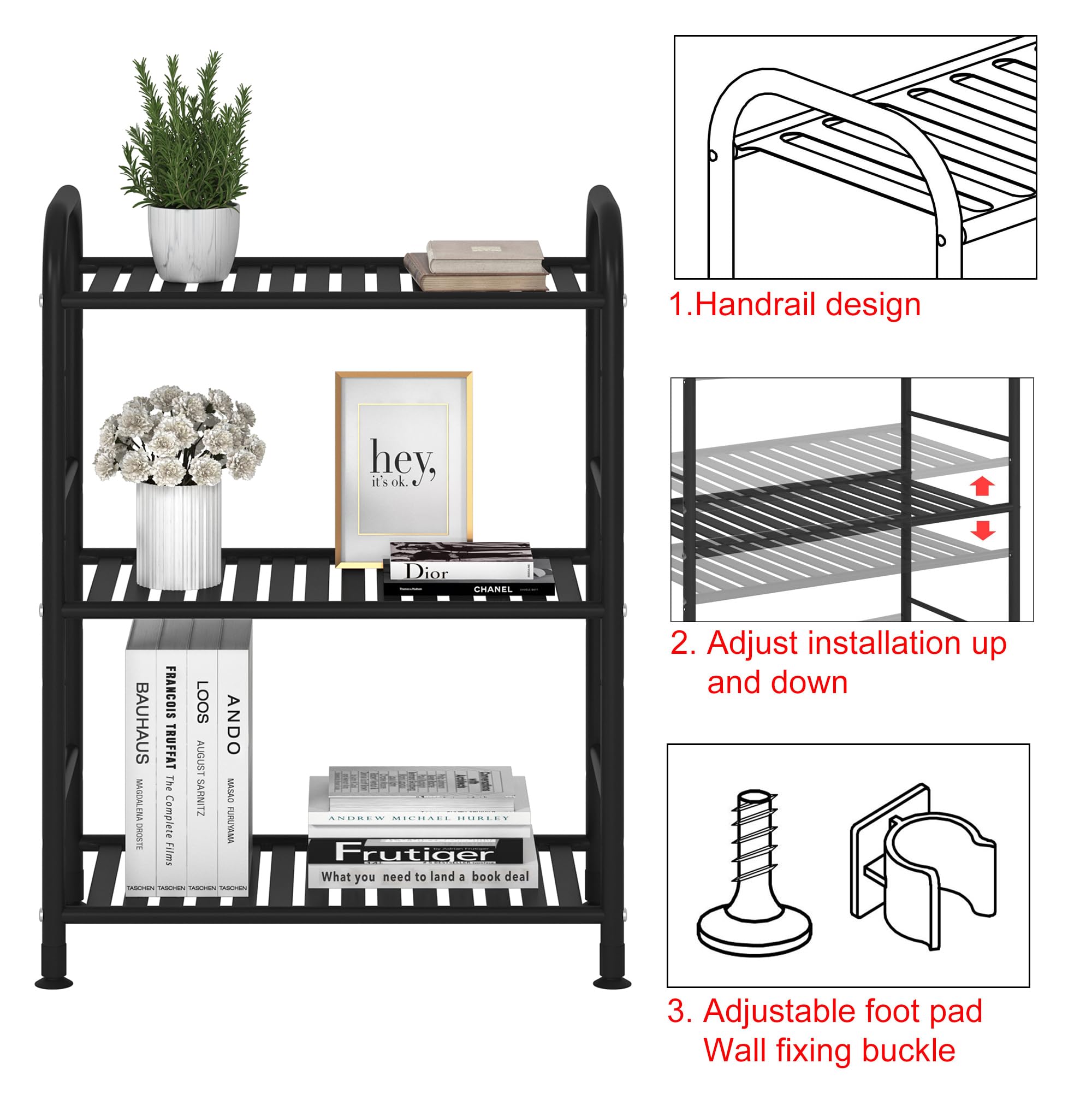 JSB 3-Tier Adjustable Metal Shelf Unit - Heavy Duty Storage Rack Organizer for Kitchen, Bathroom, Living Room & Laundry - Space Saving Corner Shelf (Black) - Perfect for Pantry Organization & Home Storage Solutions