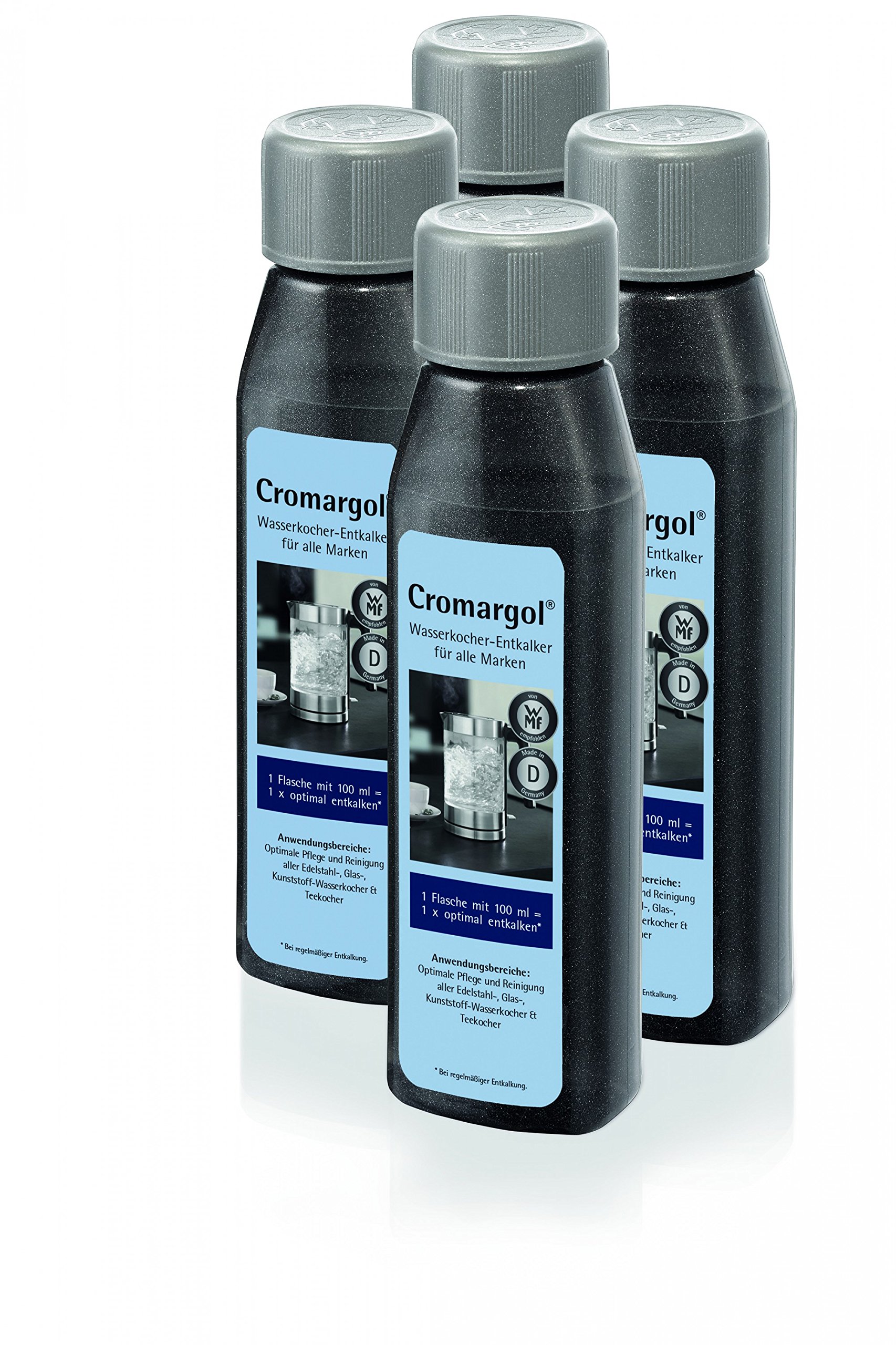 Cromargel 4-Pack Water Cooker Descaler - Safe for Stainless Steel, Glass & Plastic Kettles & Coffee Makers (4 x 100ml) - Removes Limescale & Mineral Buildup for Better Tasting Tea & Coffee