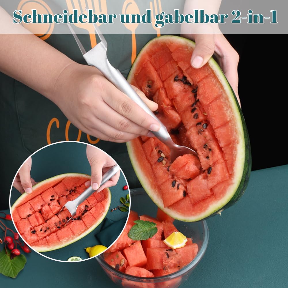 2024 Upgraded 2-in-1 Stainless Steel Fruit Cutter & Slicer - Dual Head Watermelon Fork & Knife Tool for Easy Fruit Cutting - Perfect for Picnics, BBQs, and Kitchen Prep (1 Piece)