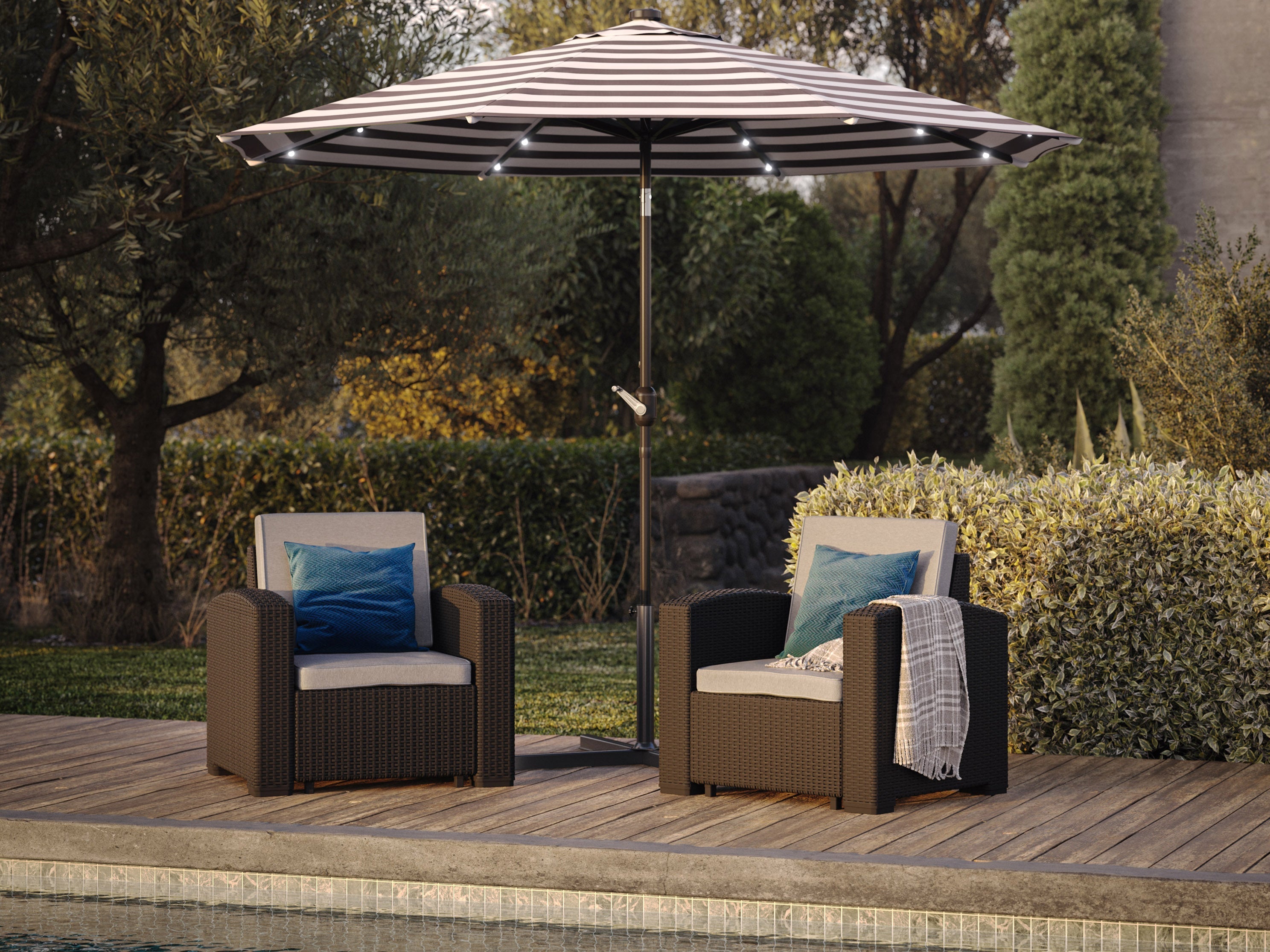9ft Striped White and Black Patio Umbrella with LED Lights - Outdoor Garden, Poolside, and Backyard Shade Solution