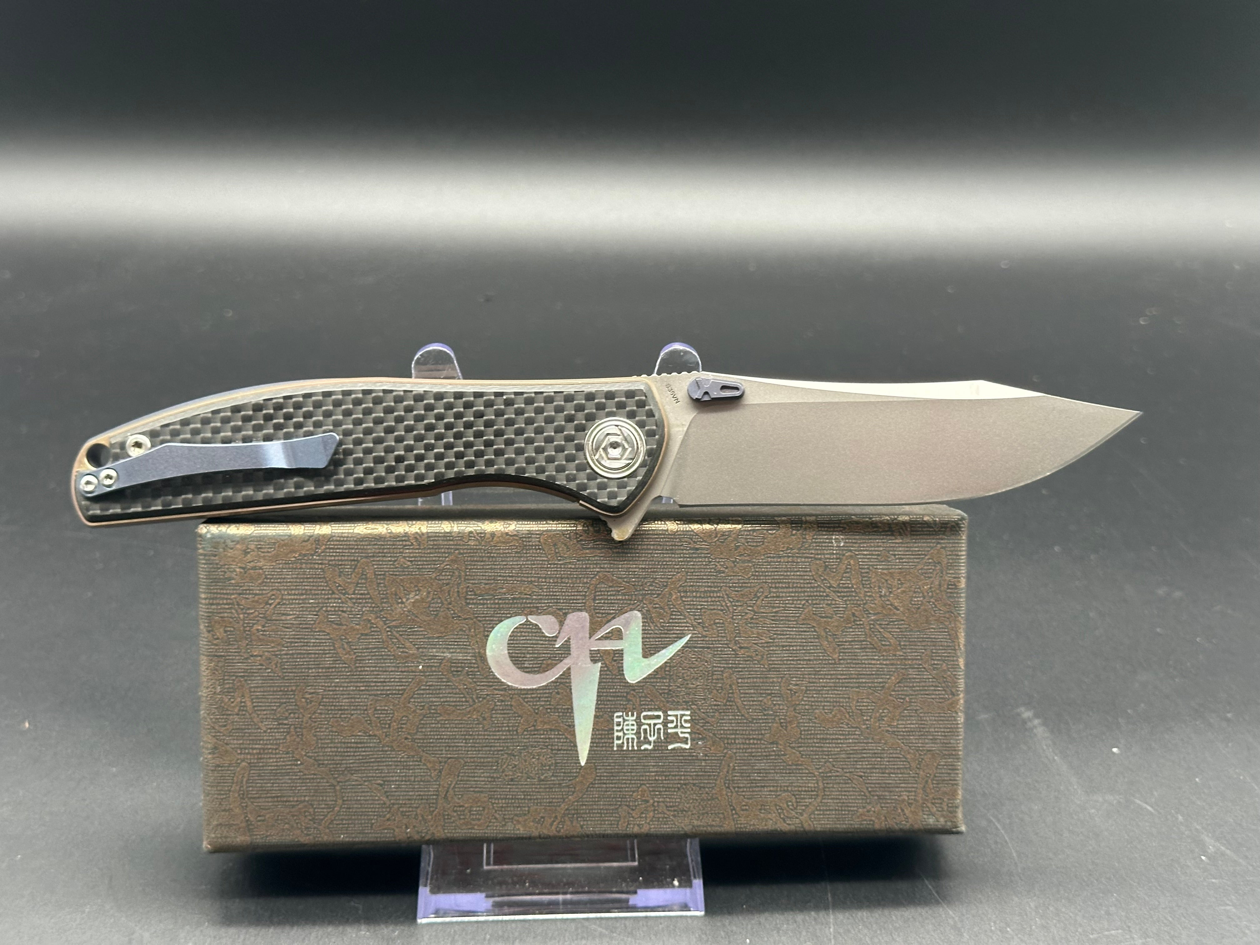 CH Knives CH3516 Bronze Titanium Frame Lock Folding Knife with Carbon Fiber Scales & Blue Accents - EDC, Outdoor, Camping, Survival Gear