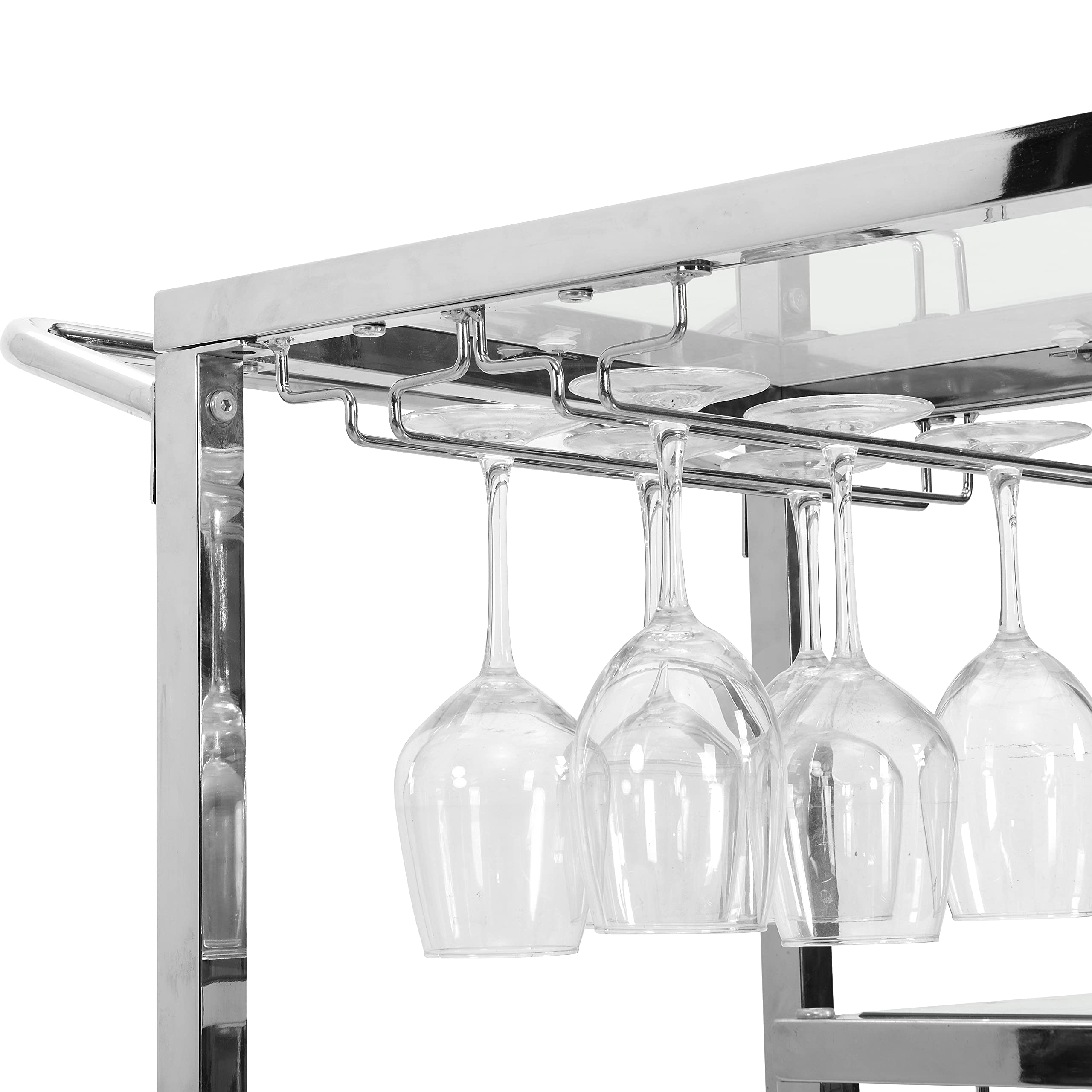 3-Tier Chrome Bar Serving Cart with Glass Shelves - Modern Kitchen Drinks Trolley for Wine Storage & Beverage Service - Perfect for Home Bars, Parties & Restaurant Use