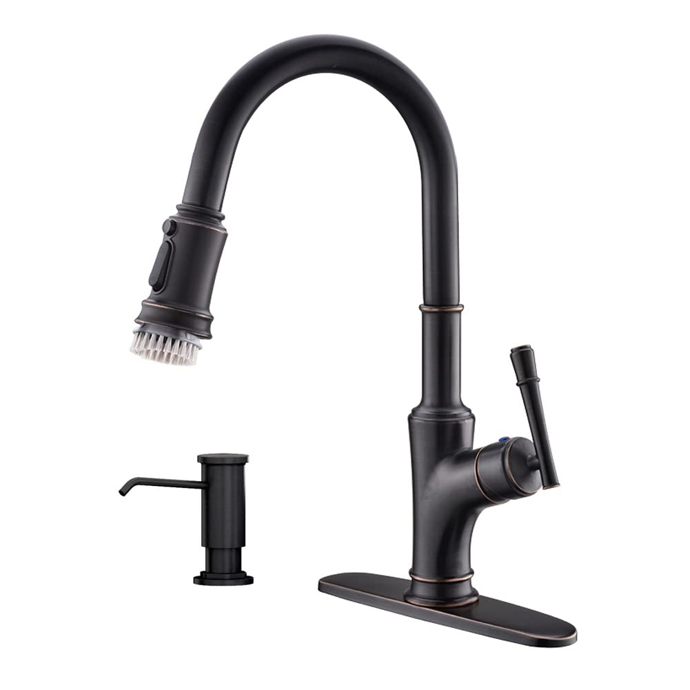 APPASO Oil Rubbed Bronze Kitchen Faucet with Pull Down Sprayer - 3-Mode Single Handle Solid Brass Faucet with Soap Dispenser & Brush - Perfect for Modern Farmhouse, Industrial & Rustic Kitchen Decor