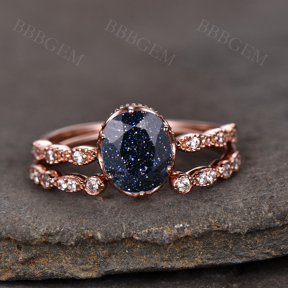 Pink Gold Blue Sandstone Bridal Set - 8X10mm Oval Cut Blue Sandstone Wedding Ring with Diamond Band for Women | Elegant Engagement, Promise, or Anniversary Jewelry Gift