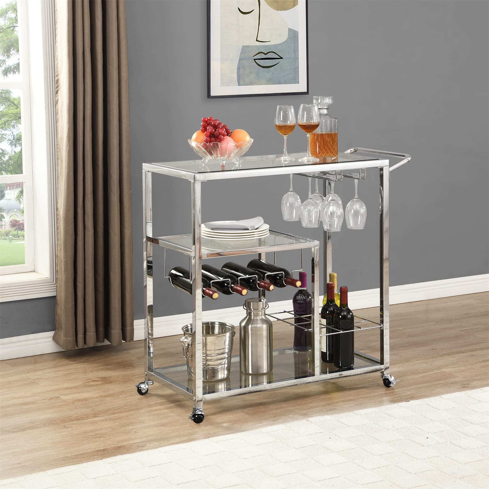 Modern Bar Serving Cart with Tempered Glass & Metal Frame - 5-Tier Wine Rack Storage Holder for Kitchen, Dining Room & Home Bar - Perfect for Wine Storage, Cocktail Parties & Entertaining Guests (Silver)
