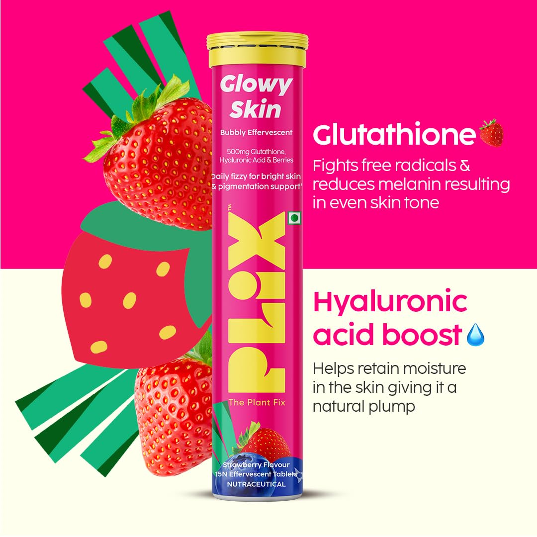 PLIX - THE PLANT FIX Glutathione Tablets with Vitamin C for Clear & Youthful Skin | 90 Collagen Supplements (500mg L-Glutathione, Vitamin E, Hyaluronic Acid) | Pack of 6 Strawberry Flavor | Skin Brightening & Anti-Aging Supplement for Daily Wellness Routine
