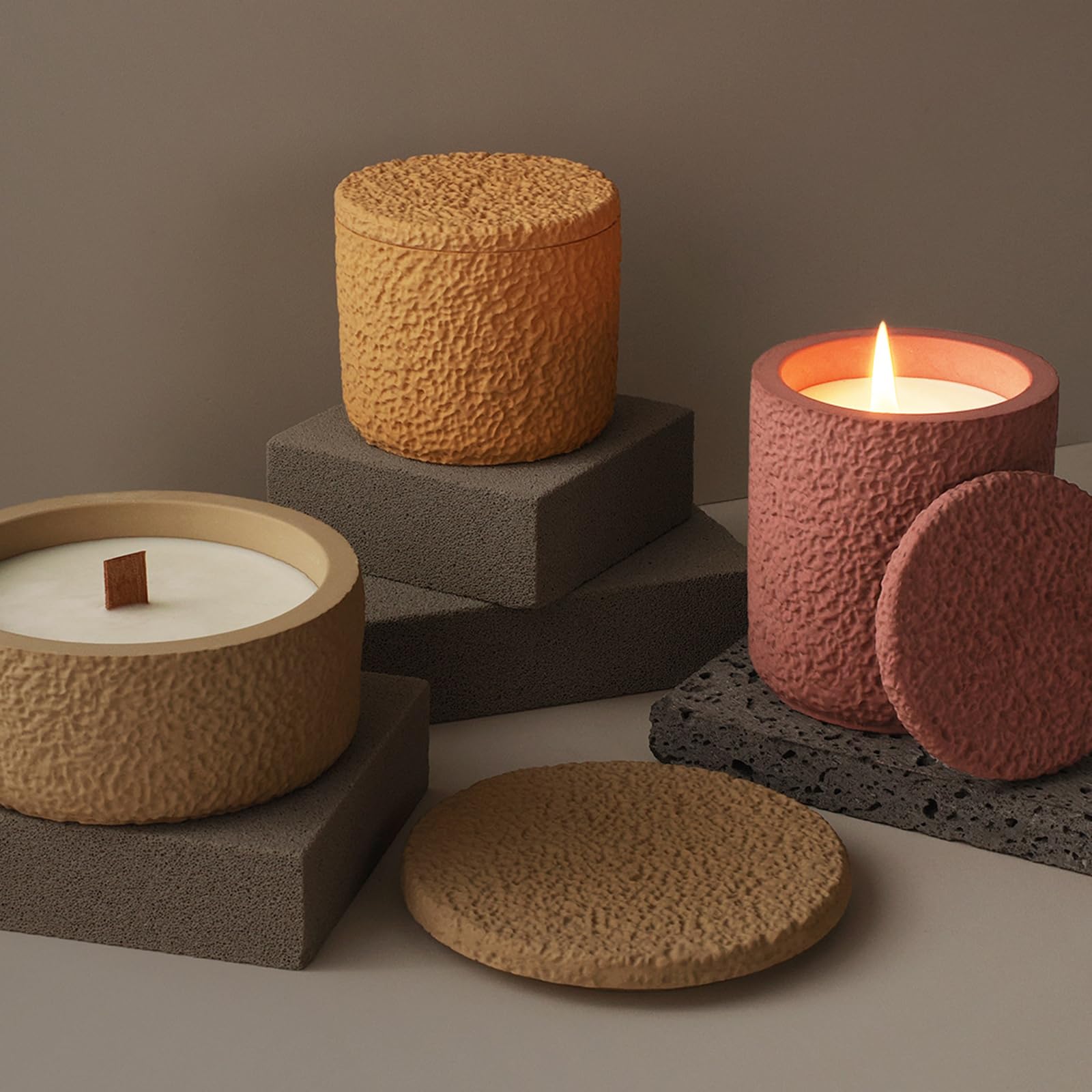Silicone Candle Jar Molds Set with Lids - Round Concrete Stripe Candle Vessels & Storage Box for DIY Candle Making, Home Decor & Gift Packaging (A-Rough) | Perfect for Handmade Candles, Bathroom Storage & Decorative Containers