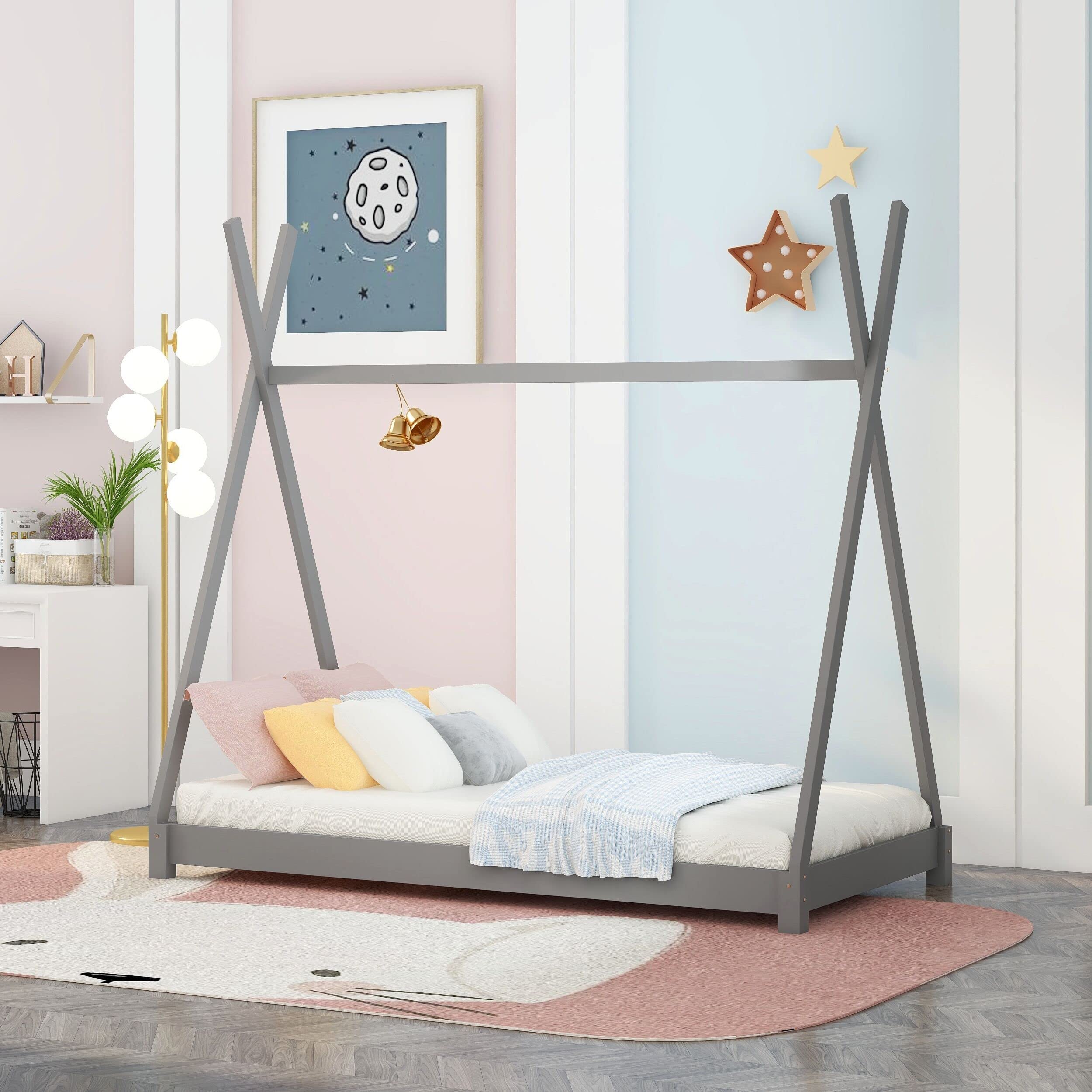 MERITLINE Kids House Bed Twin Size - Wooden Playhouse Bed Frame with Tent for Boys & Girls, Grey - Perfect for Bedrooms, Playrooms & Sleepovers