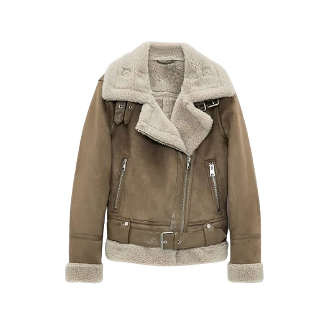 Women's Faux Suede Leather Jacket - Winter Warm Thick Loose Motorcycle Coat with Faux Lamb Wool Lining | Stylish Outerwear for Casual, Biker & Cold Weather Fashion