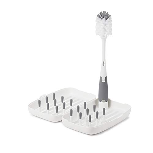 OXO Tot Travel Size Baby Bottle Drying Rack with Brush | Compact Gray Dish Rack for Breast Pump Parts & Baby Bottles | Perfect for Travel, Nursery & Kitchen Organization