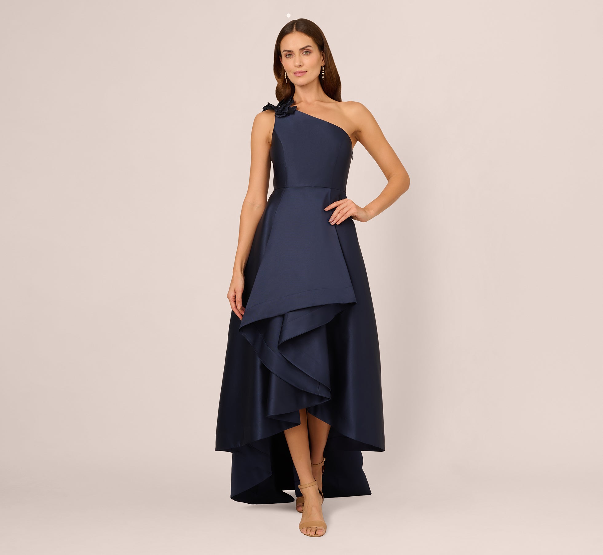 Elegant One Shoulder Draped Mikado High Low Evening Gown in Midnight Blue - Perfect for Prom, Cocktail Parties & Formal Events