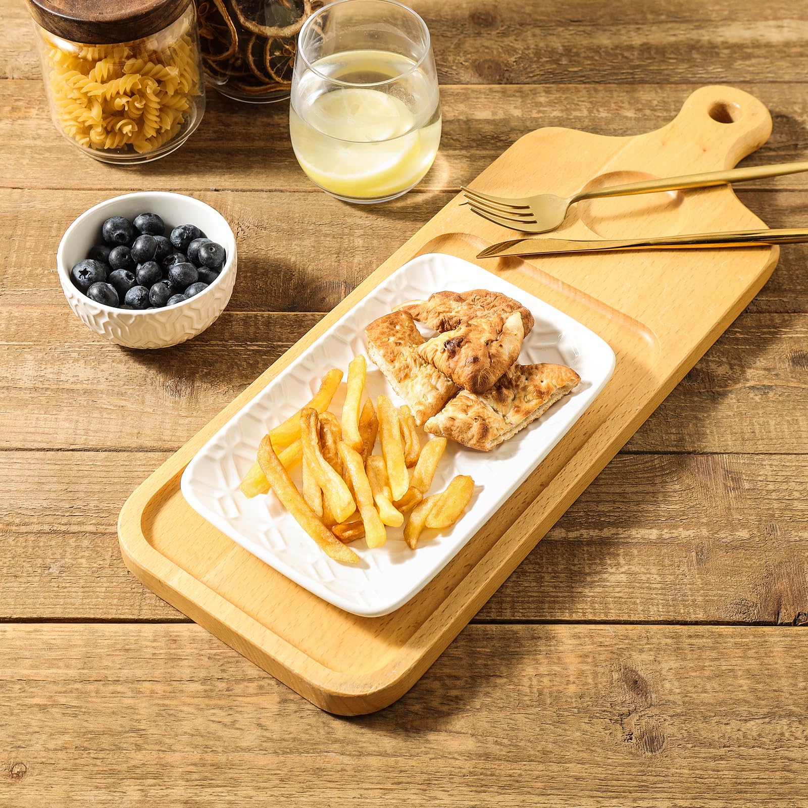 Sureasy 8 Inch Rectangular Ceramic Salad Plates - Set of 4 White Embossed Porcelain Appetizer Dishes for Dessert, Sushi & Small Serving | Perfect for Dinner Parties, Entertaining & Home Decor