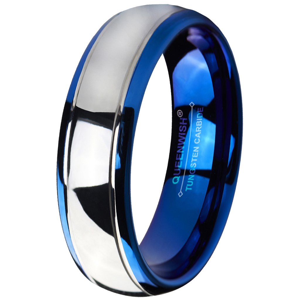 6mm & 8mm Blue Tungsten Carbide Wedding Rings for Men and Women - Silver Dome Bridal Engagement Bands - Perfect for Anniversaries, Proposals & Couple Jewelry Gifts