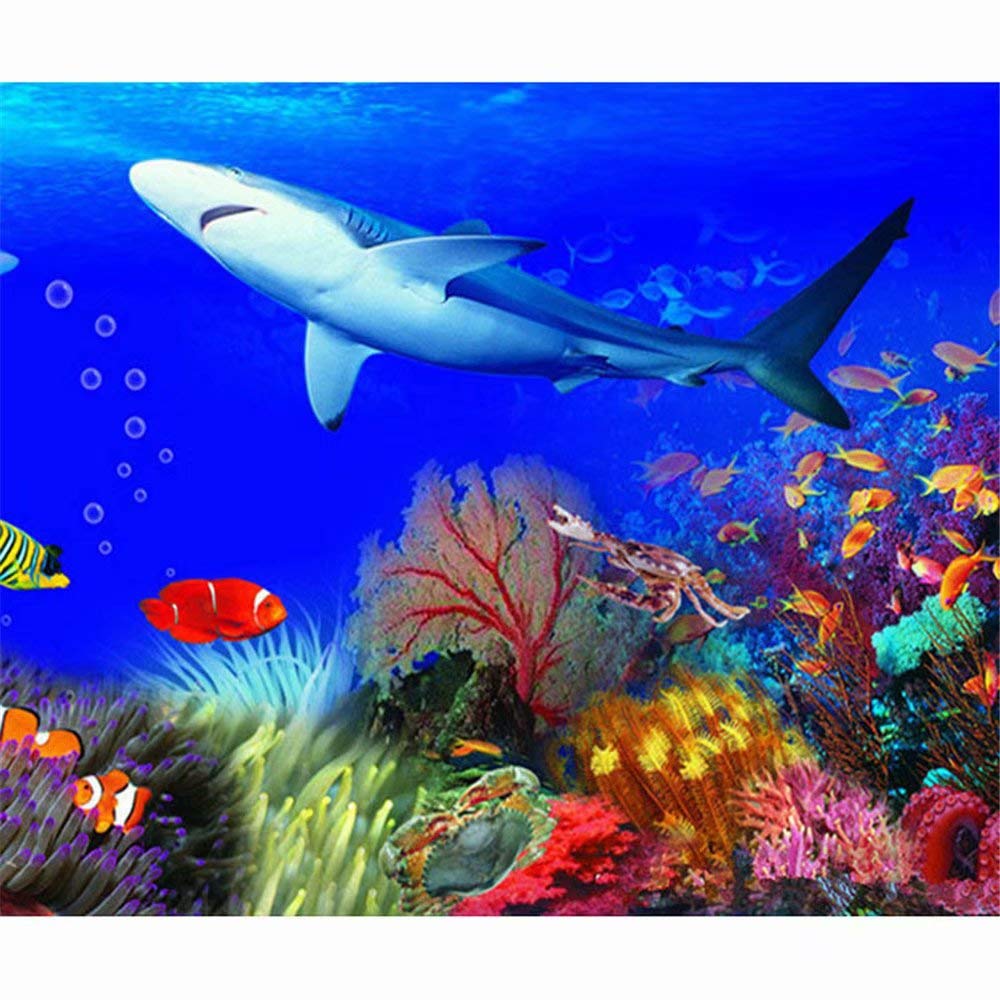 Wood Framed Paint by Numbers Kit with Brushes & Acrylic Paints - Shark in the Ocean Scene | DIY Art for Beginners, Home Wall Decor, Relaxing Hobby Activity
