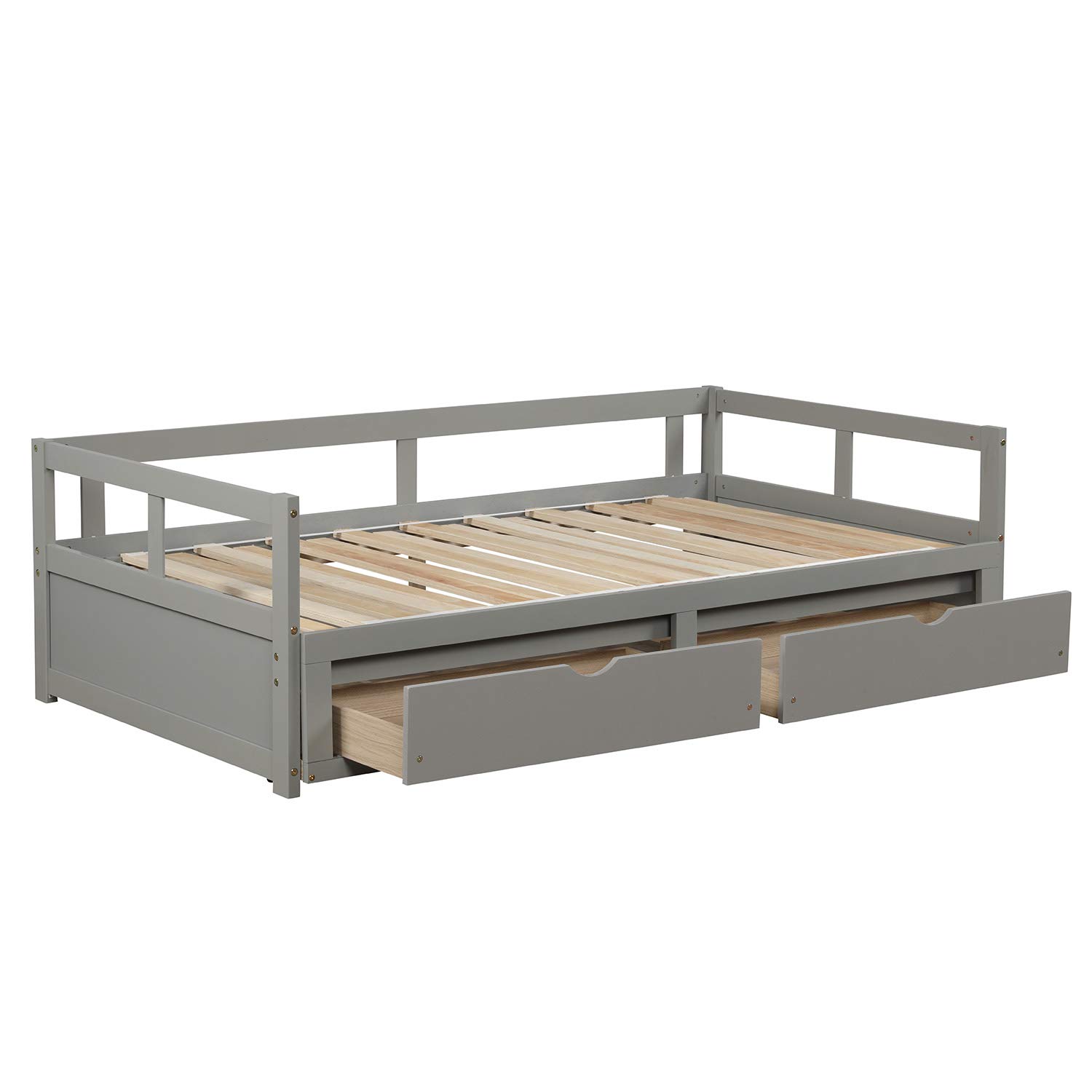 LZ LEISURE ZONE Twin Daybed with Trundle & 2 Storage Drawers - Convertible Wooden Sofa Bed for Guest Room, Living Room & Small Spaces - Space-Saving Extendable Bed with Underbed Storage (Grey) - Perfect for Sleepovers, Home Office & Compact Apartments