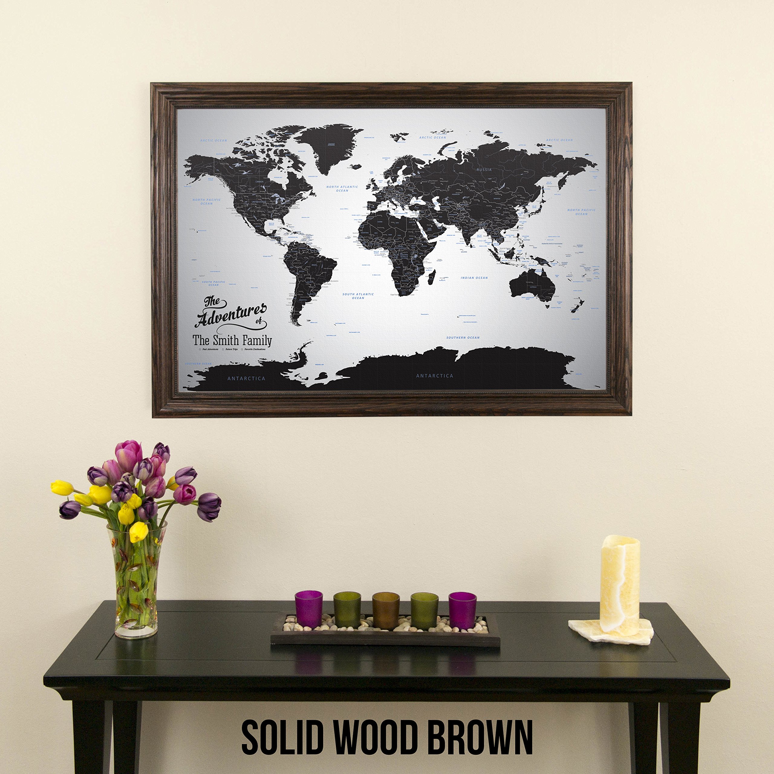 Personalized Push Pin Travel Map - Black Ice World Canvas with Solid Wood Brown Frame for Home Decor, Office Wall Art, Travel Enthusiast Gift