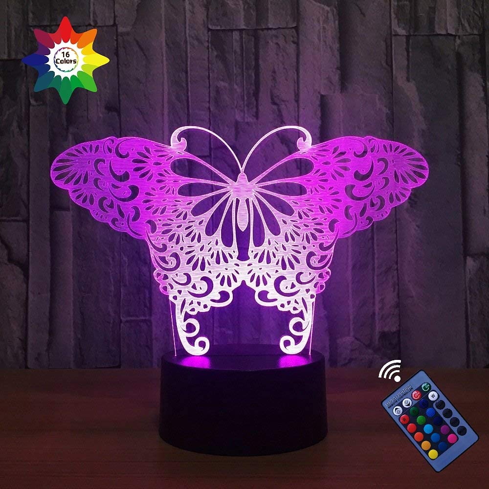 3D Butterfly Night Light with 16 Color Changing LED, USB Power & Remote Control - Touch Switch Optical Illusion Lamp for Bedroom, Nursery, Kids Room Decor - Romantic Mood Lighting for Tables & Desks