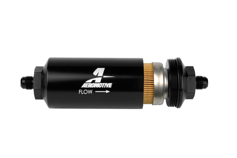 Aeromotive AN-6 Male Inline Fuel Filter - 10 Micron Fabric Element, Bright Dip Black Finish - High Performance Fuel Filtration for Racing & Automotive Applications