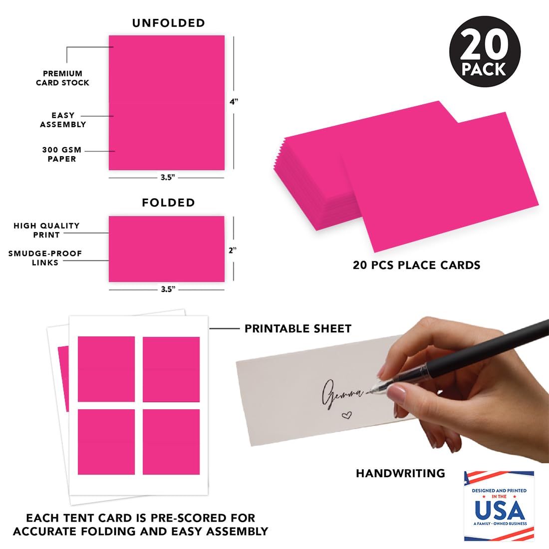 Andaz Press Printable Table Tent Place Cards - Fuchsia 20-Pack Blank Name Cards for Wedding, Baby Shower & Graduation Events | Perfect for Seating Arrangements & Table Settings at Parties, Receptions & Celebrations