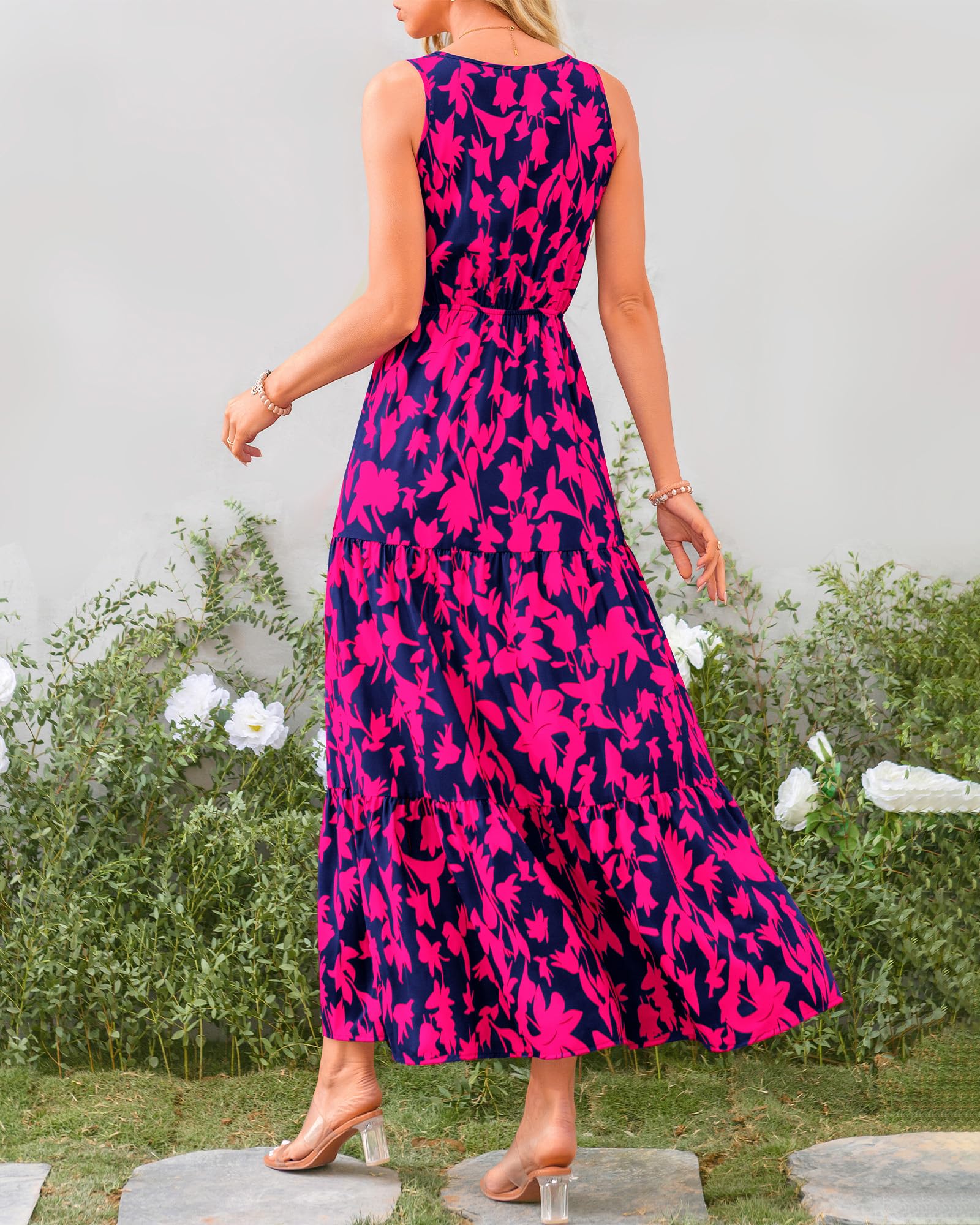 BTFBM Women's Summer Casual Sleeveless Floral Maxi Dress - Cute Long Dress for Wedding Guest, Beach Vacation, Date Night & Outdoor Parties