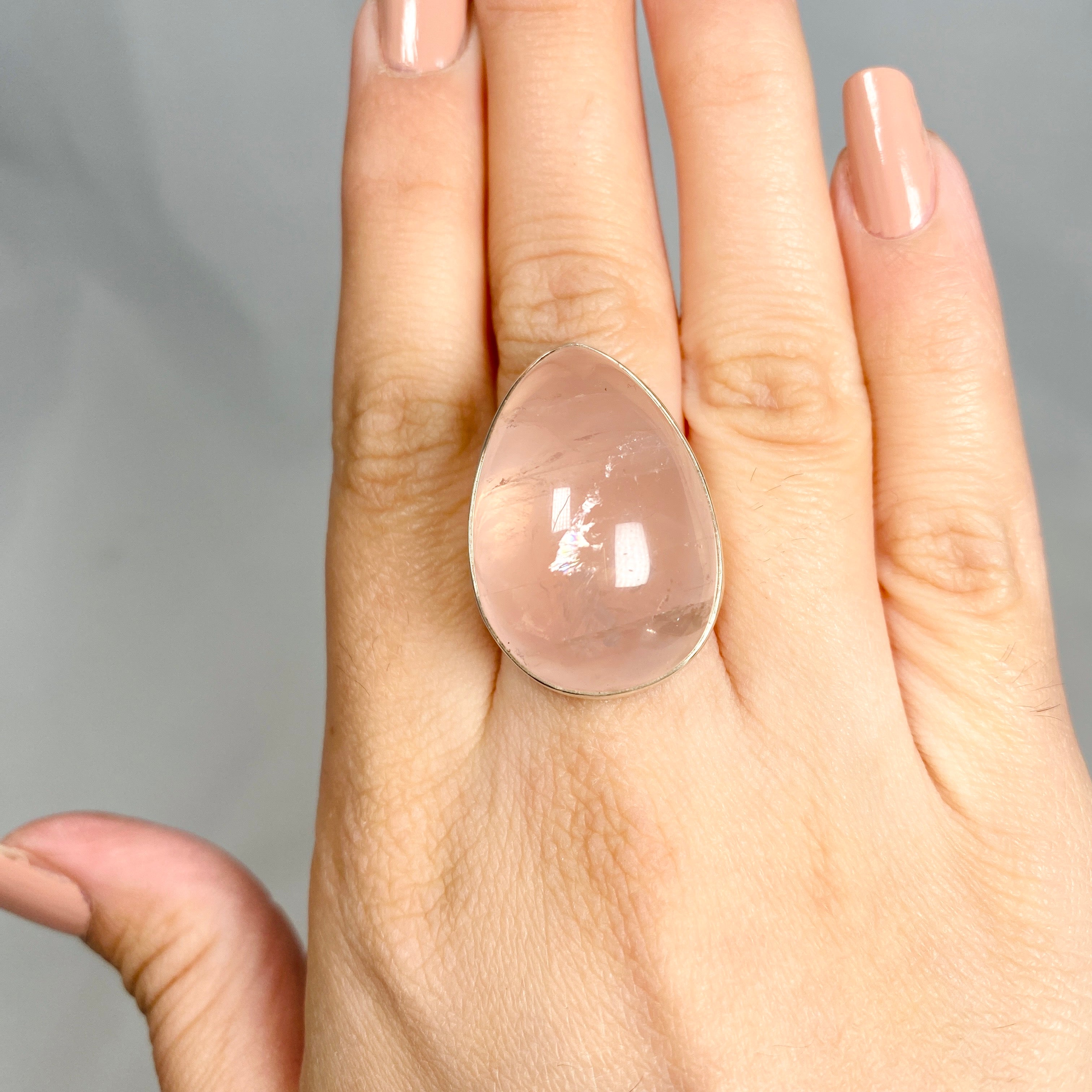 Rose Quartz Teardrop Cabochon Ring - Size 10 - KRGJ1308 - Elegant Handmade Jewelry for Women, Perfect for Weddings, Parties & Everyday Wear