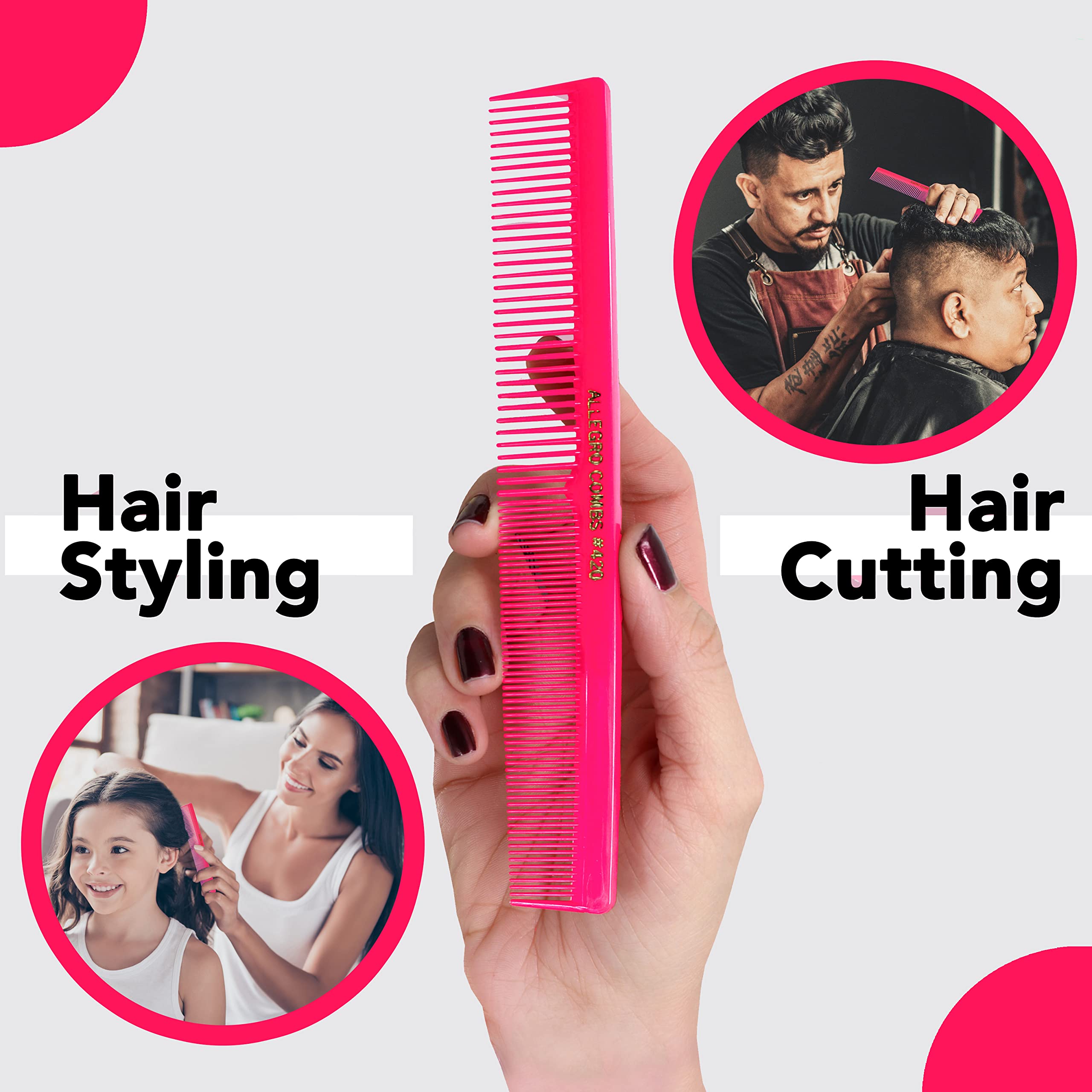Professional 3-Piece Hair Styling Comb Set - Barber Cutting Comb, Beard & Mustache Comb, Braiding & Parting Comb for Men, Women & Kids (Neon Pink) | Perfect for Salon, Home Haircuts & Grooming
