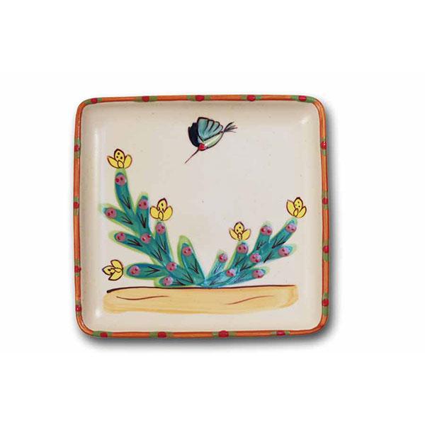 Square Platter with Prickly Pear and Yellow Buds Design | Sonoran Desert Inspired Ceramic Serving Tray for Dining, Entertaining & Home Decor
