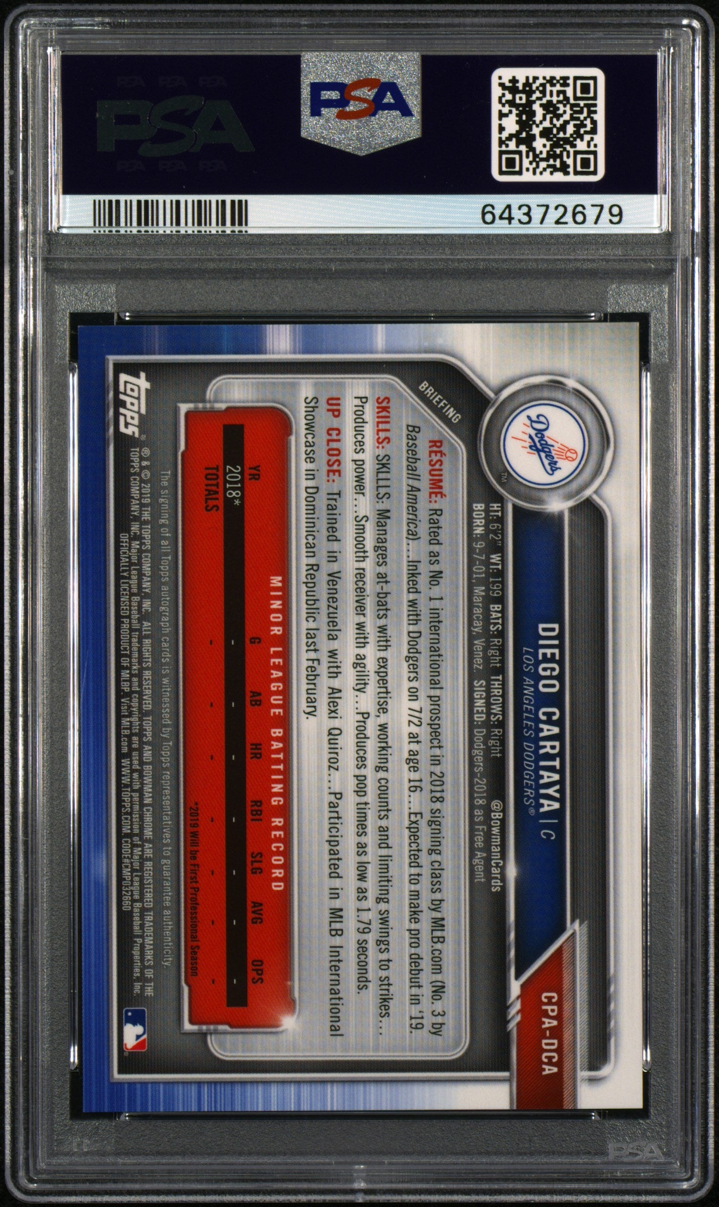 2019 Bowman Chrome Diego Cartaya Autograph Chrome #DCA PSA 10 Gem Mint - Rare Baseball Trading Card for Collectors & Investors - Perfect for Display, Trading, and Sports Memorabilia Collections