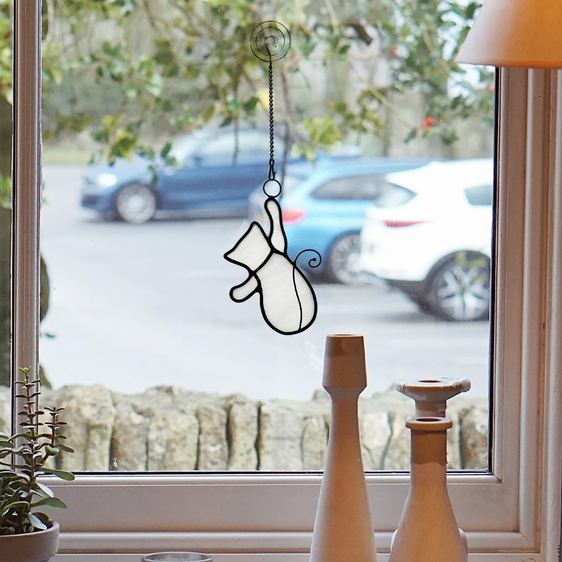 BOXCASA White Cat Stained Glass Window Hanging - Funny Cat Lover Gifts, Cat-Themed Home Decor Suncatchers for Living Room, Bedroom & Kitchen - Perfect for Window Decor, Housewarming Gifts & Cat Enthusiast Presents