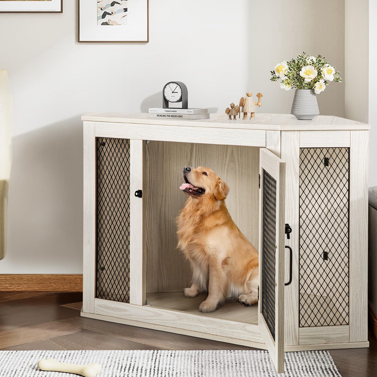 PUKAMI 44/52 Inch Wooden Dog Crate Furniture with Mesh - Decorative Dog Kennel for Small Medium Large Dogs - Indoor Pet House for Living Room Bedroom Office Space Saving Design