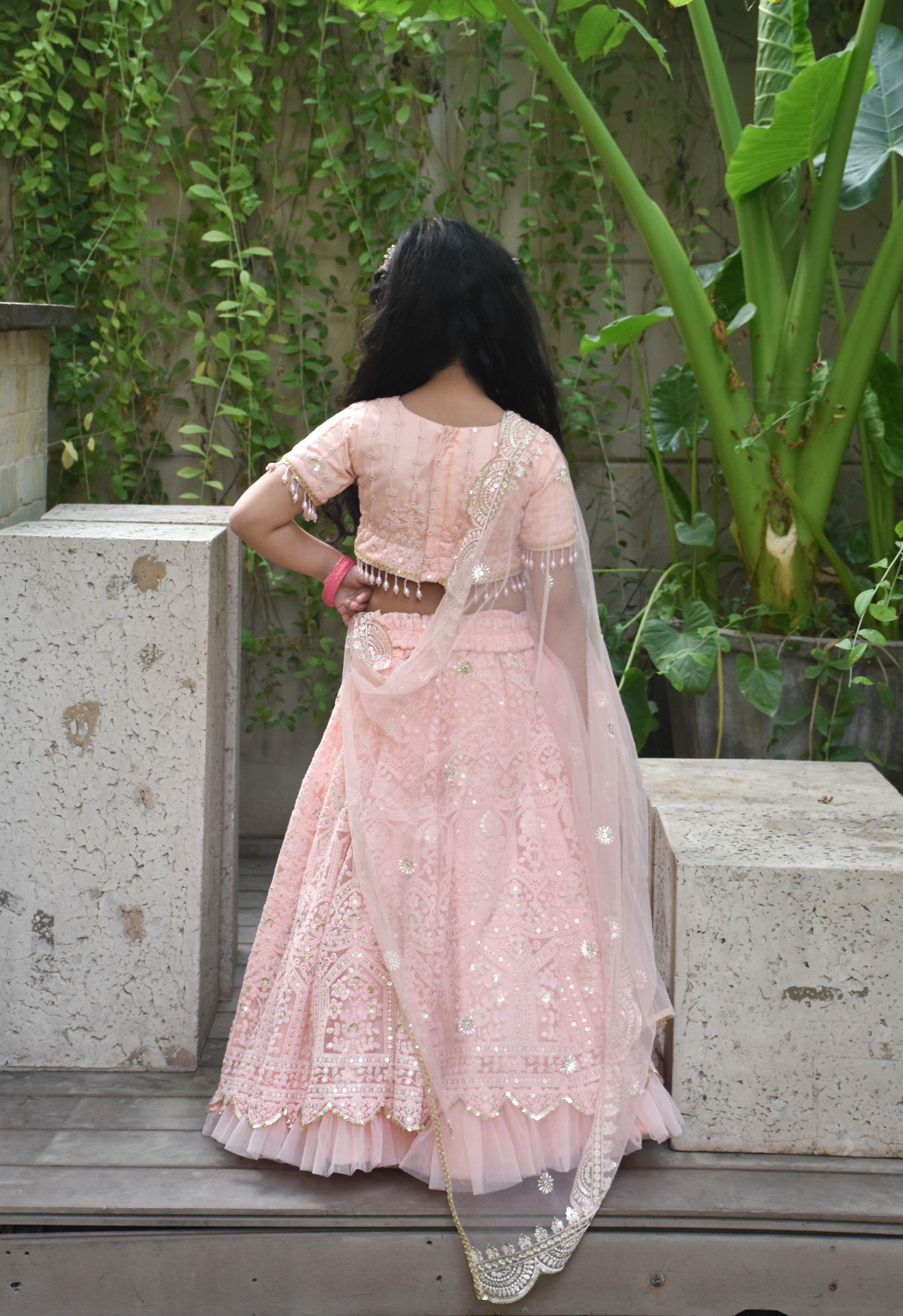 **Pre-Order: Peach Thread Lehenga Set for Girls – Elegant Indian Ethnic Dress for Weddings, Festivals & Special Occasions**