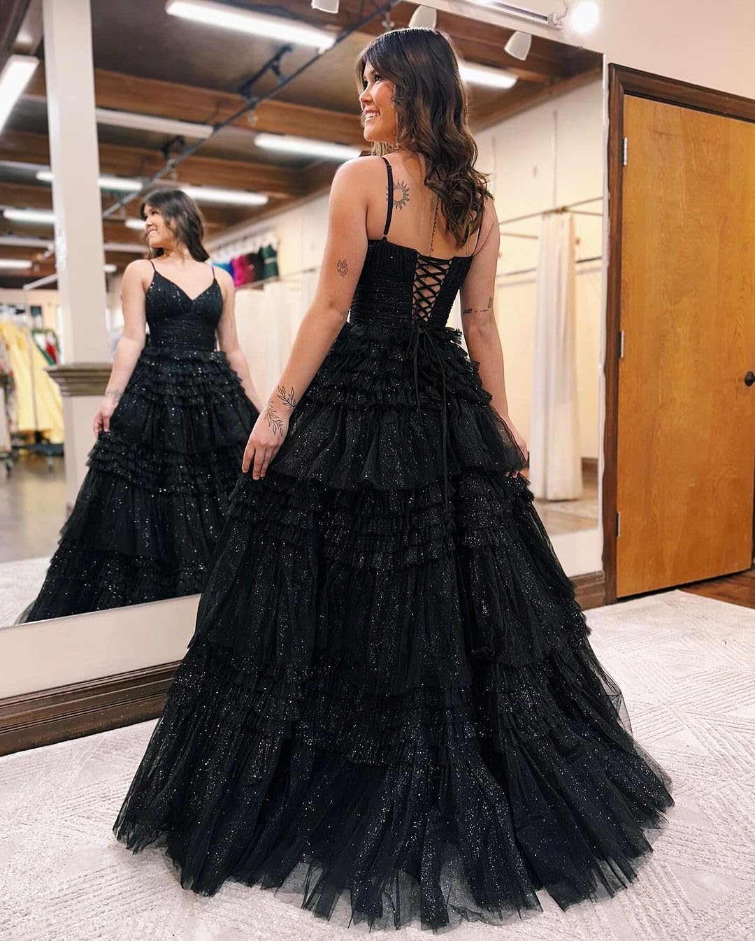 Sparkling Women's Tiered Glitter Tulle Prom Dress - V-Neck Ruffled Formal Evening Gown for Homecoming, Quinceañera, Wedding & Special Occasions