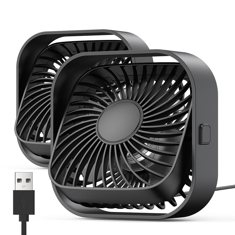 TOPK 2-Pack Mini USB Desk Fan - Portable Personal Fan with Strong Airflow & Quiet Operation, 3-Speed Adjustable, 360° Rotatable Head - USB Powered Small Fan for Home, Office, Desk, Table | Perfect for Workspaces, Dorm Rooms & Travel