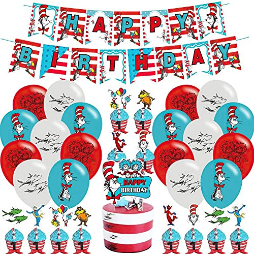Dr Seuss Cat in The Hat Birthday Party Decorations Kit - Happy Birthday Banner, Cupcake Toppers, Balloons & Party Supplies - Perfect for Kids' Themed Birthday Celebrations & Baby Showers