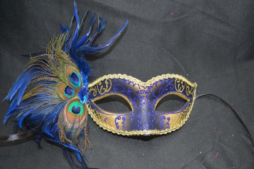 Elegant Blue & Gold Peacock Masquerade Mask for Women - Feather Party Mask for Halloween, Mardi Gras, Costume Balls & Themed Events