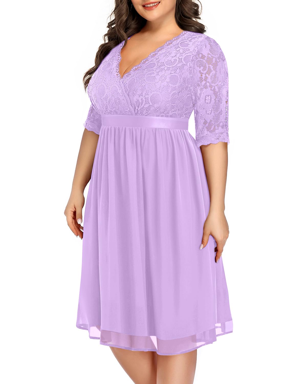 Plus Size Lace Chiffon Wrap V-Neck Cocktail Dress for Women | Elegant Wedding Guest & Party Midi Dress | Perfect for Special Occasions, Date Nights & Formal Events