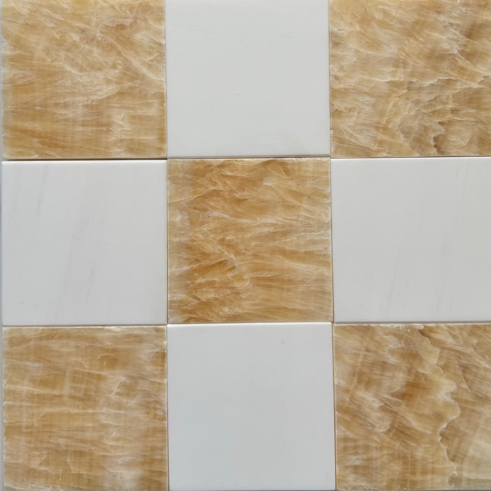 Premium Honey Onyx & Bianco Dolomite Checkerboard Tiles - High Gloss Polished Finish for Kitchen Backsplash, Bathroom Flooring, and Luxury Interior Design