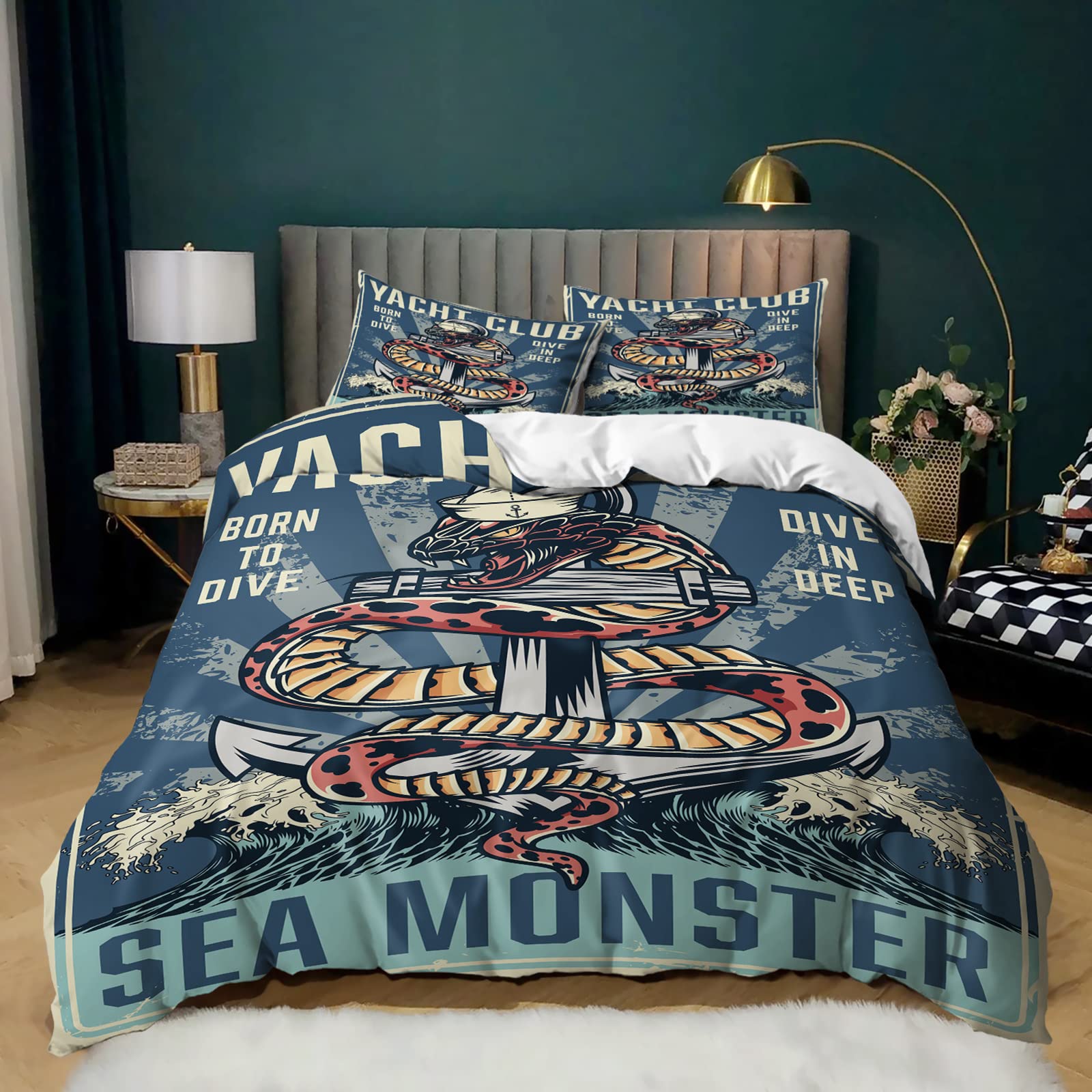 AILONEN Nautical Anchor Duvet Cover Twin Size - Ocean Themed Bedding Set for Boys, Girls & Kids - Sea World Comforter Cover with 7 Pillow Shams & Zipper Closure - Perfect for Coastal Bedroom Decor, Kids' Room & Beach House Styling