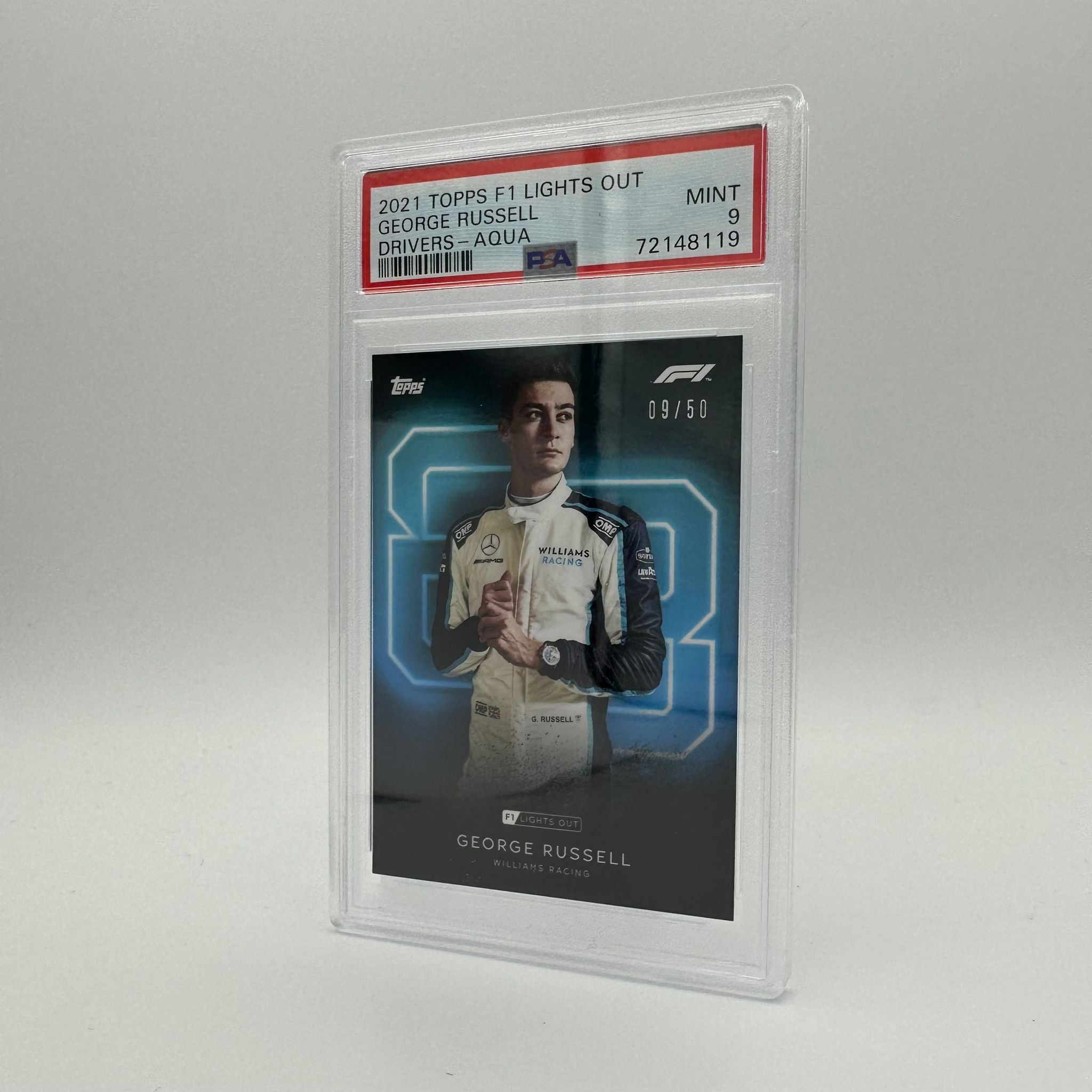 PSA 9 2009 George Russell Drivers Aqua Parallel #50/50 - Rare Racing Collectible for Fans & Memorabilia Display