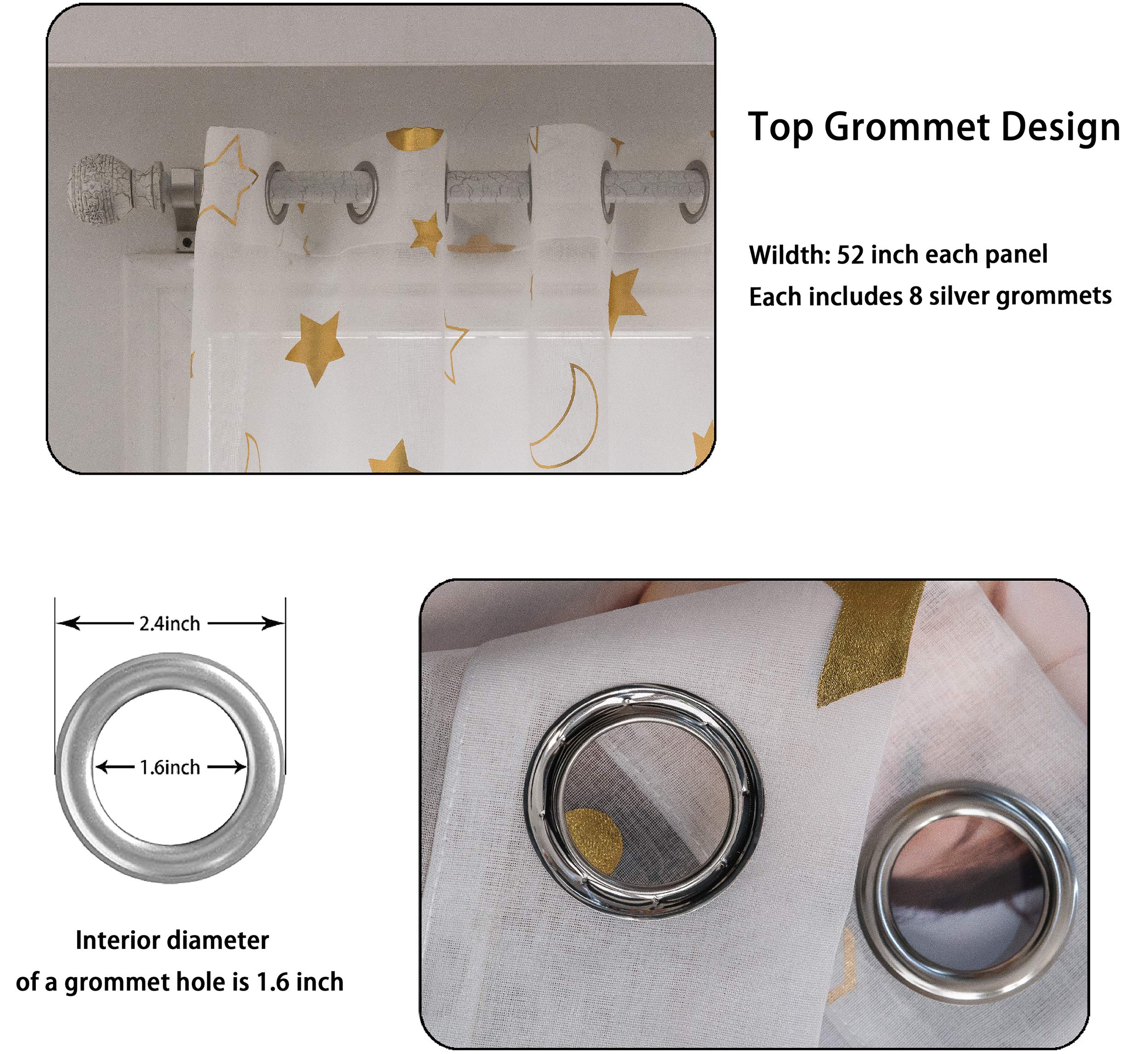 Gold Star and Moon Sheer Window Curtains for Girls Room - 63 Inch Long Grommet White Foil Printed Curtains (Set of 2 Panels) | Kids Bedroom Decor, Nursery, Playroom & Dorm Room Window Treatments