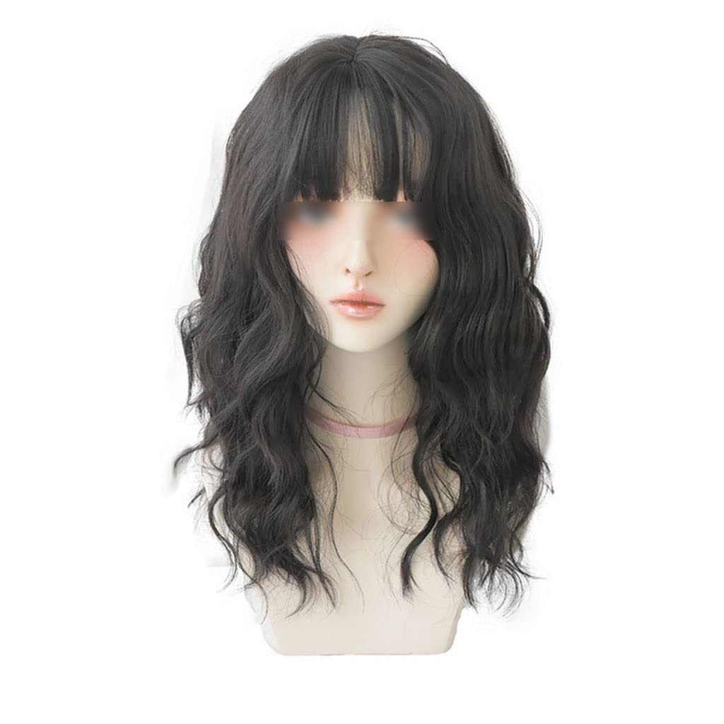 Long Curly Brown Synthetic Wig with Black Top & Bangs - 20 Inch High Temperature Silk Hair for Women | Perfect for Cosplay, Parties & Daily Fashion