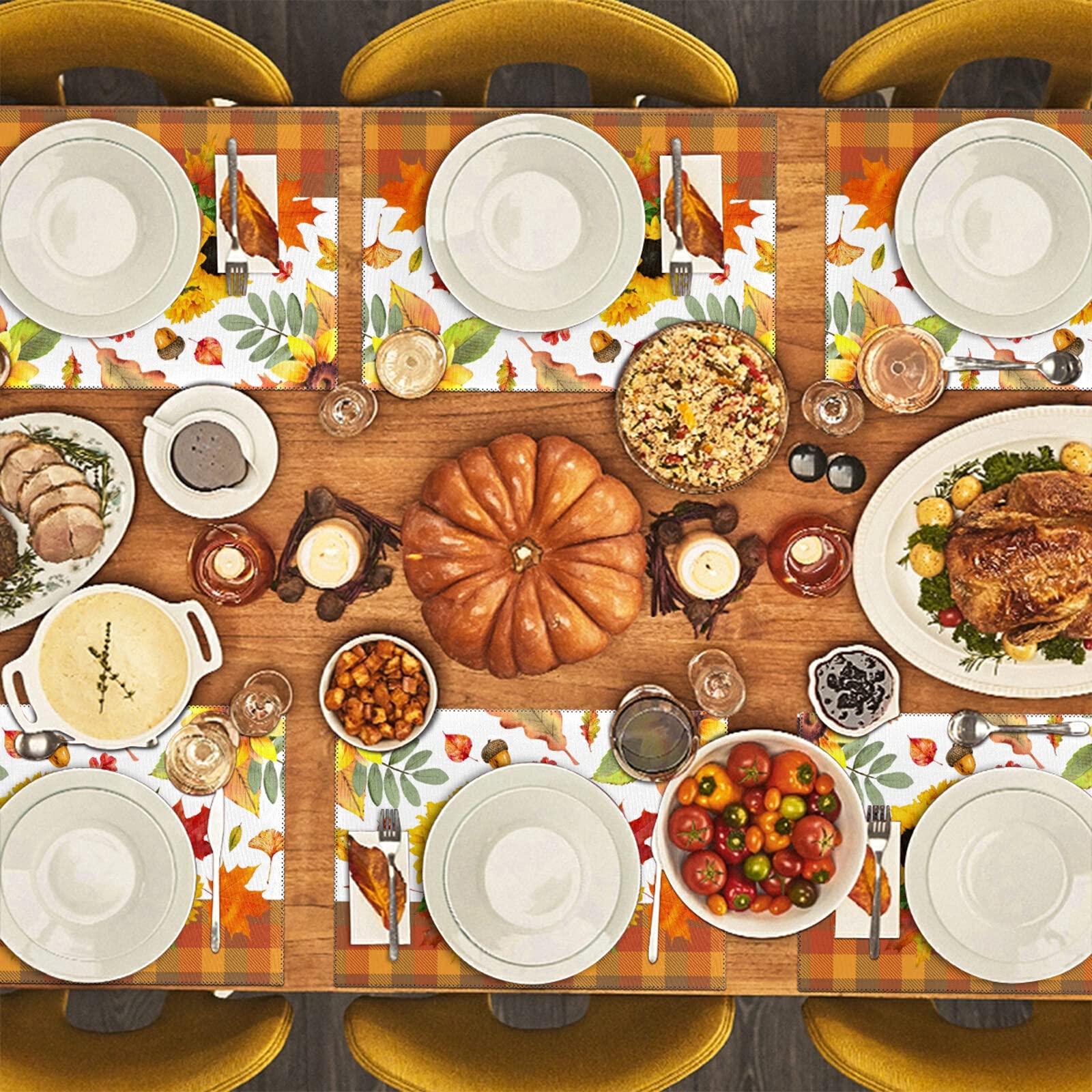 Thanksgiving Placemats Set of 6 - Plaid Sunflower Maple Pumpkin Design | Non-Slip, Heat-Resistant & Washable Table Mats | 12